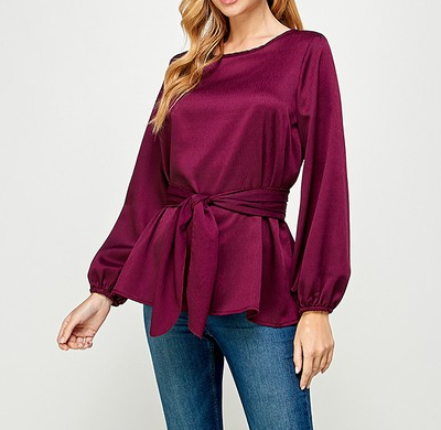 2HT2668 - SOLID WOVEN LONG SLEEVE WAIST TIE BLOUSE