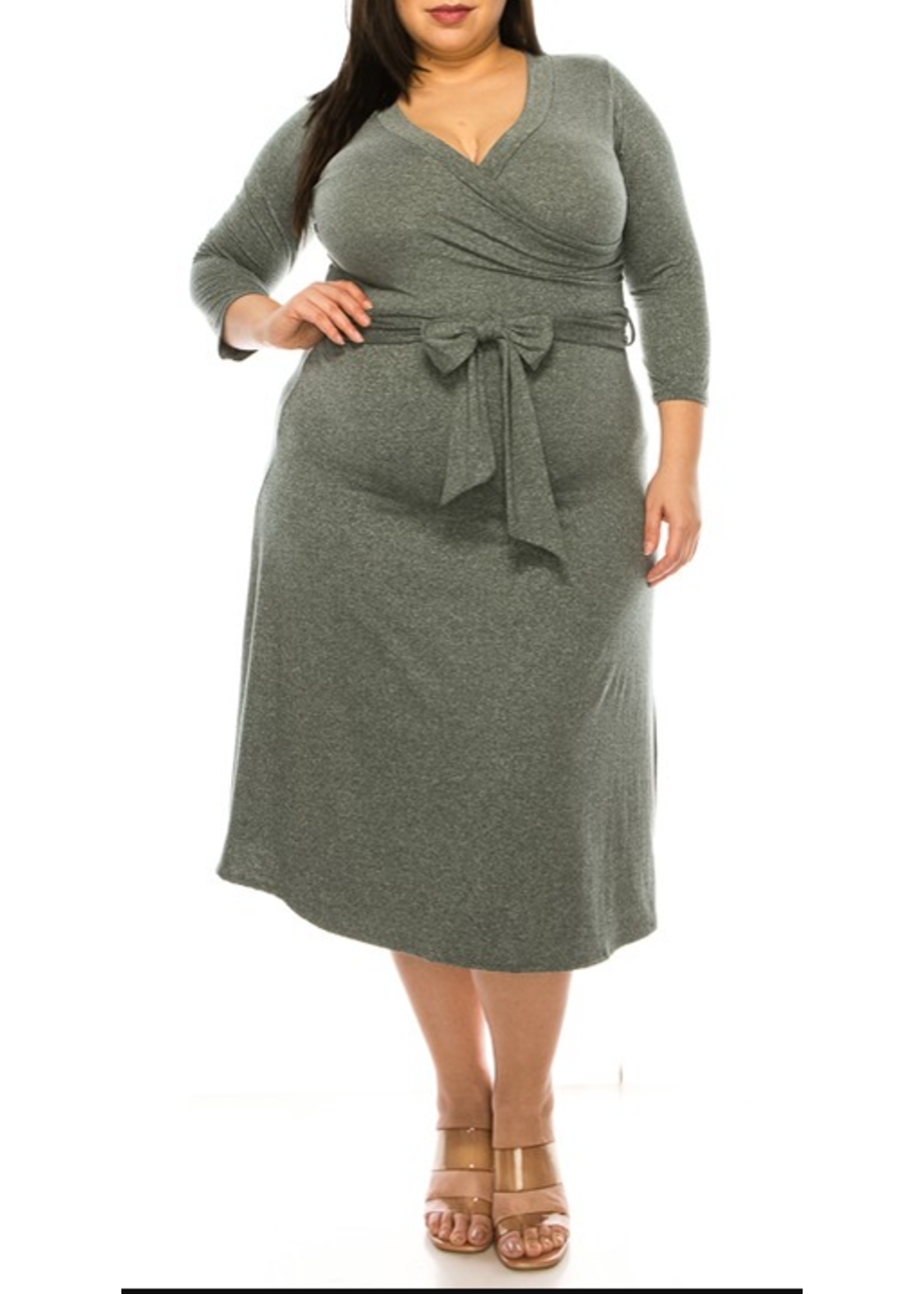 NMNWMD844 - Plus size, solid faux wrap dress with deep V-neck