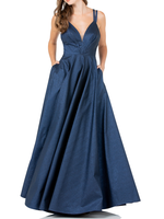 BCTR39049 - SLEEVELESS VNECK ALINE GLITTER GOWN W POCKETS