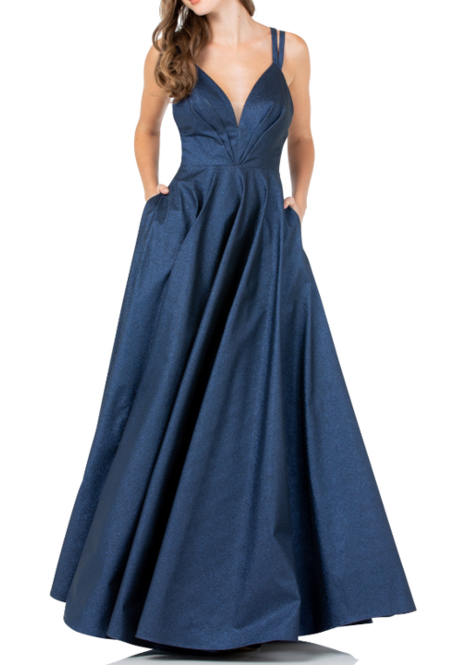 BCTR39049 - SLEEVELESS VNECK ALINE GLITTER GOWN W POCKETS