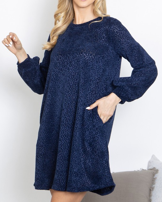PEPPD10517 -LONG SLEEVE CHENILLE SHIFT DRESS
