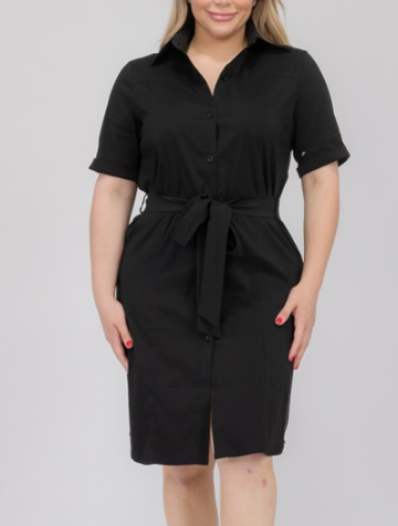ECEC2D - PLUS SIZE BUTTON FRONT BELTED COLLARED SHIRT DRESS