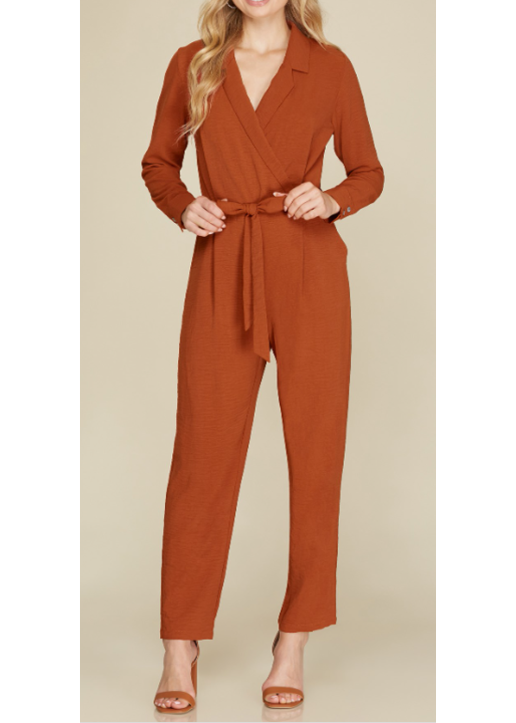 SSSY2701 - LONG SLEEVE WOVEN COLALRED JUMPSUIT W WAIST TIE