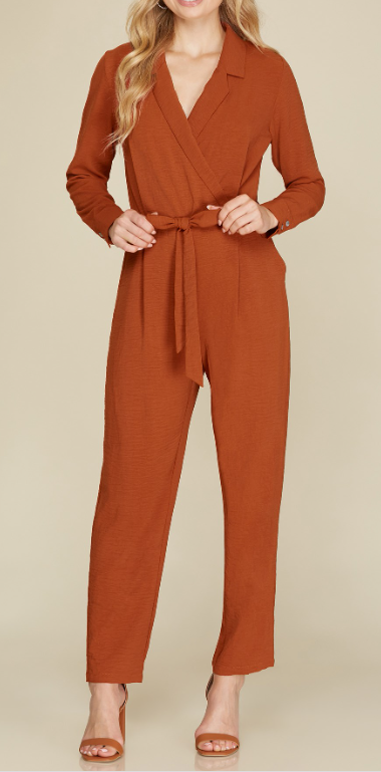 SSSY2701 - LONG SLEEVE WOVEN COLALRED JUMPSUIT W WAIST TIE