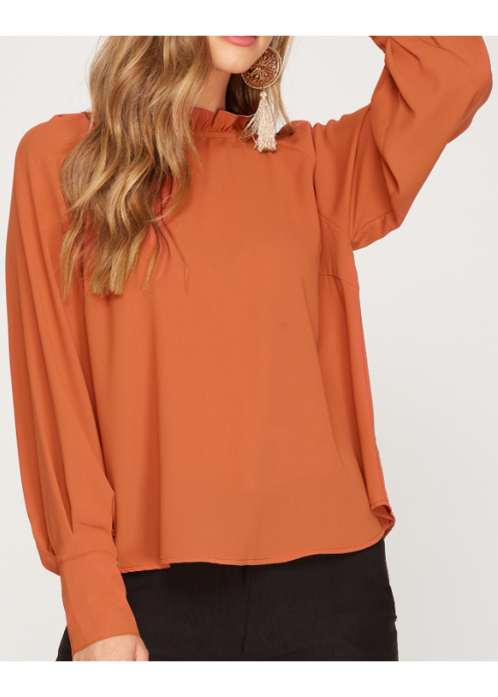 SSSS8003 - LONG SLEEVE WOVEN TOP WITH RUFFLED NECK