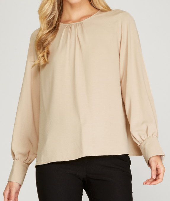 SSSS8328 - CUFFED SLEEVE ROUND NECK WOVEN TOP