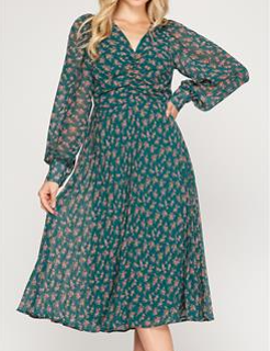 SSSS7901 - LONG SLEEVE WOVEN PRINT PLEATED MIDI DRESS WITH ROUCHED TOP