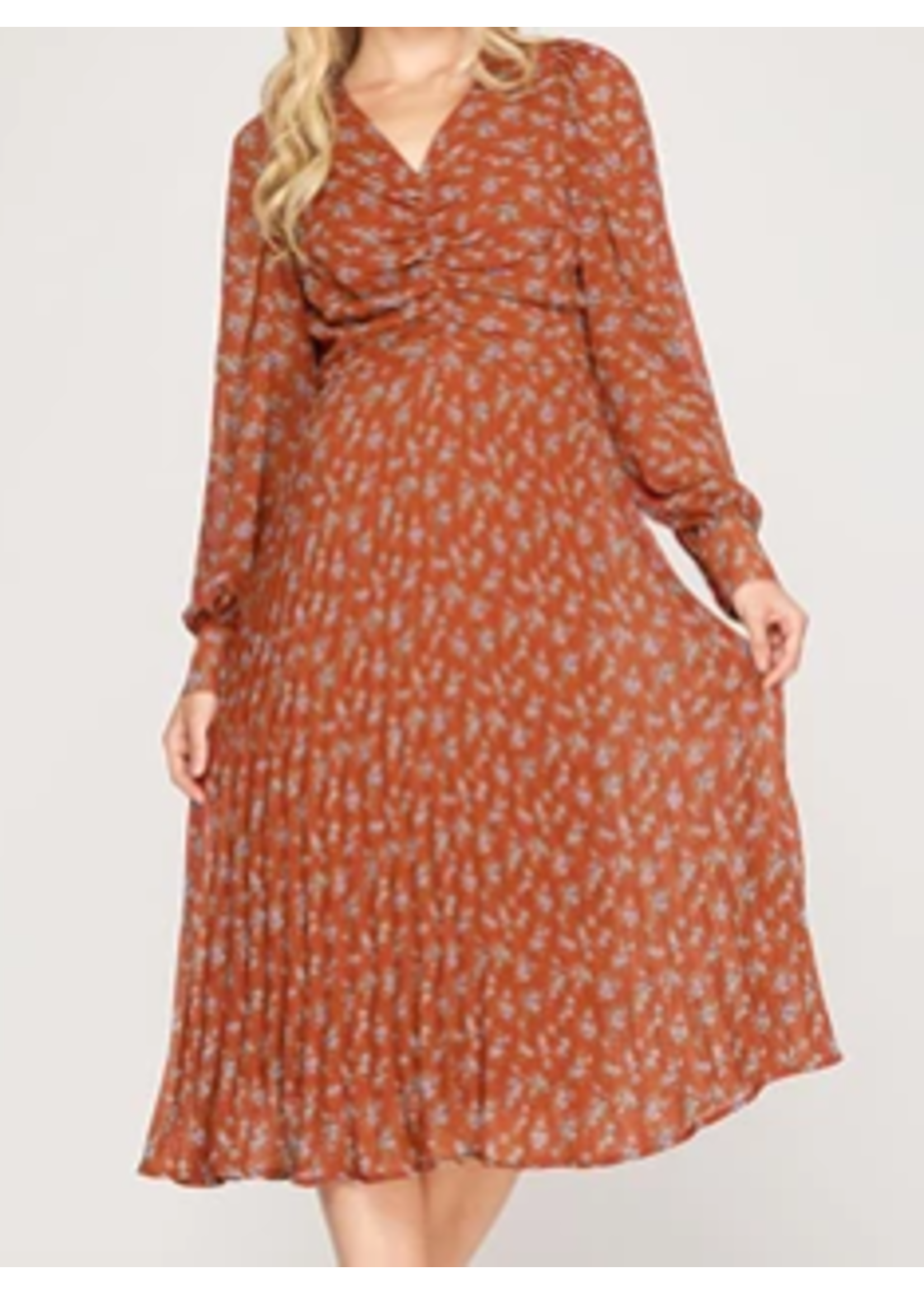 SSSS7901 - LONG SLEEVE WOVEN PRINT PLEATED MIDI DRESS WITH ROUCHED TOP