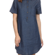 BD32018 -  Short sleeve, denim shirt dress with contrast top stitching, collar, tortoise shell buttons & scalloped hem.