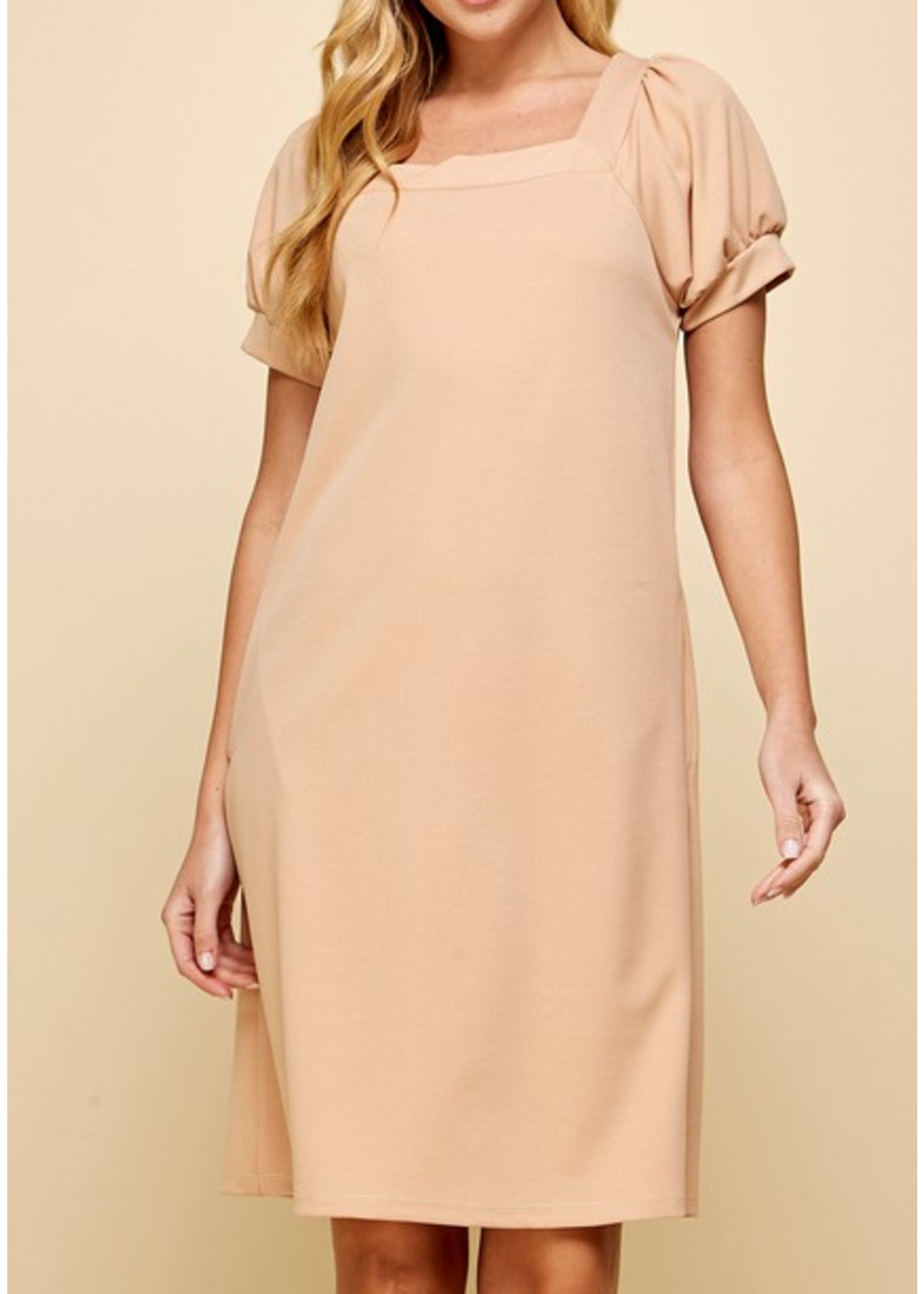 LAD1418 - Square Neck with Puffed Sleeves Shift Dress