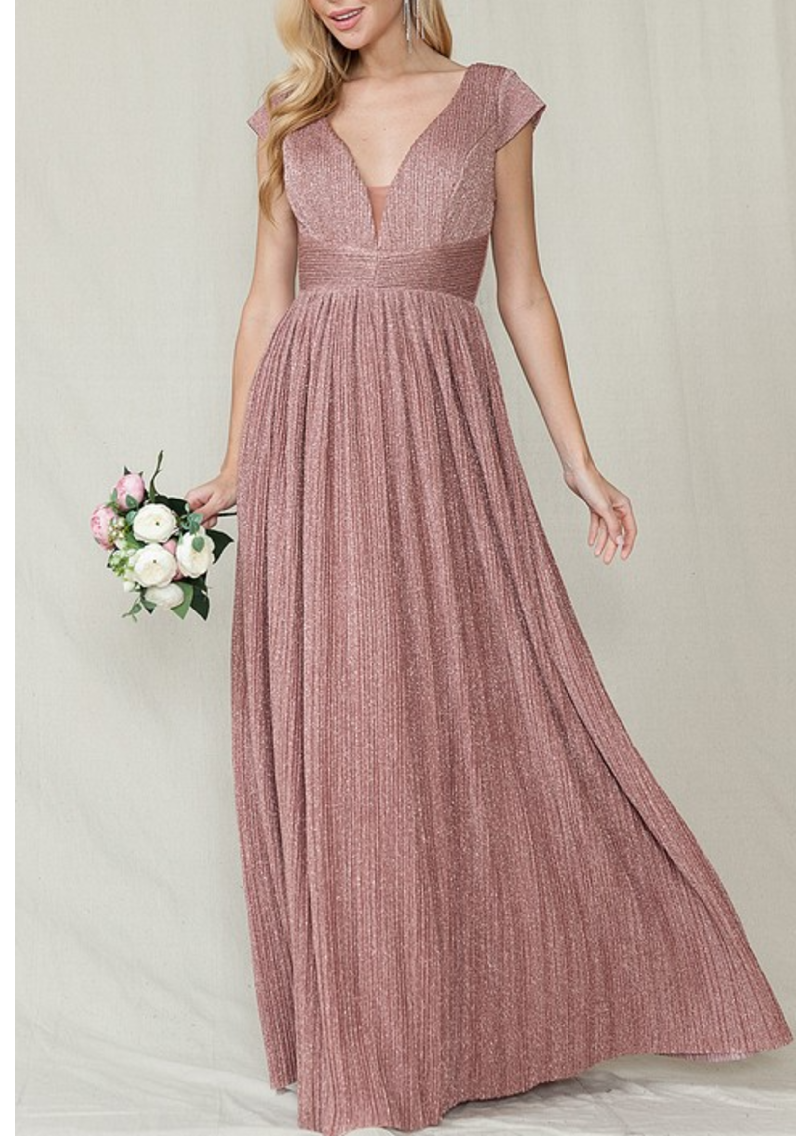 MJMF21430 - GLITTER CAP SLEEVE PLEATED GOWN