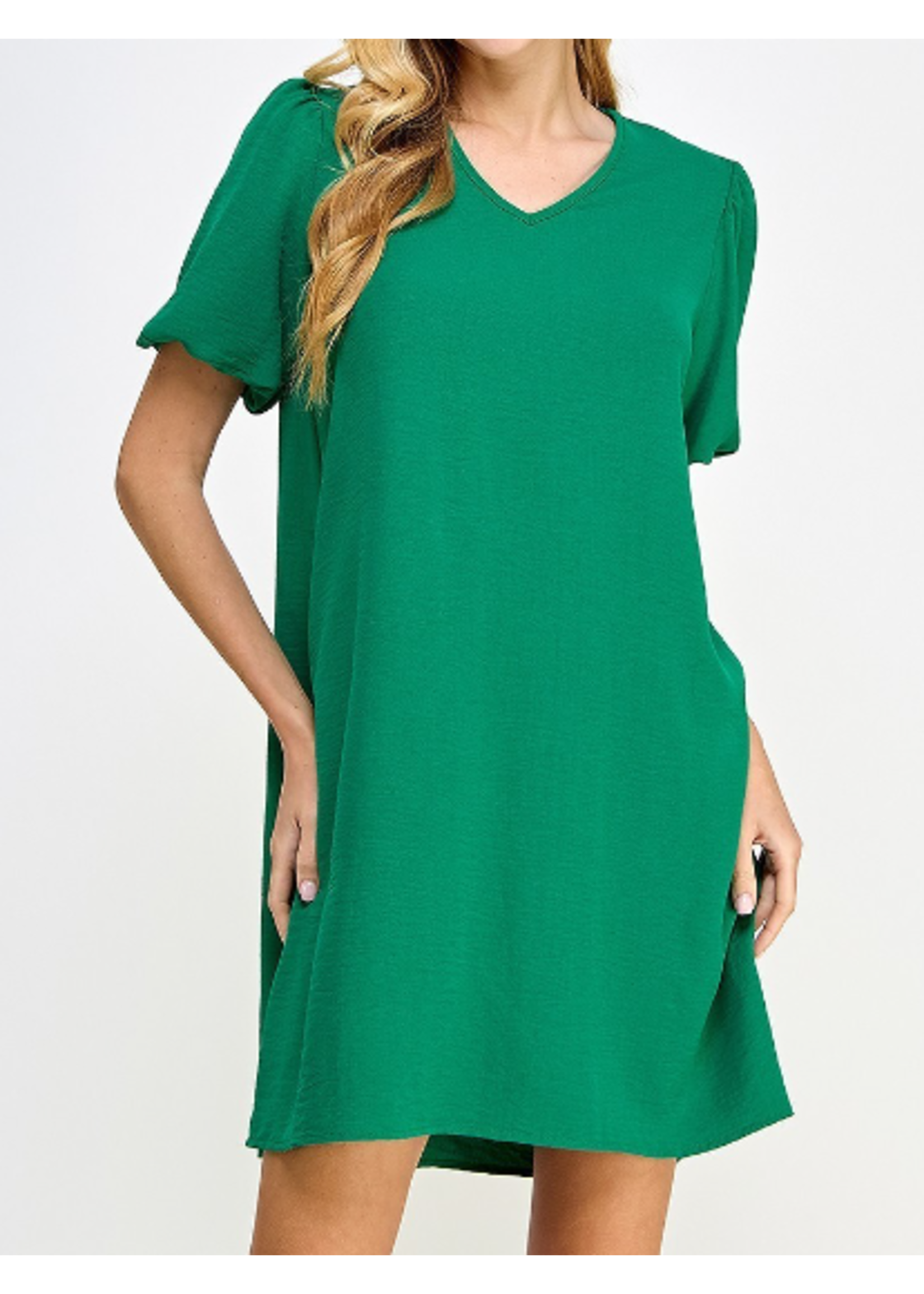 2HD3920 - SOLID SHIFT DRESS W VNECK BUBBLE SLEEVE