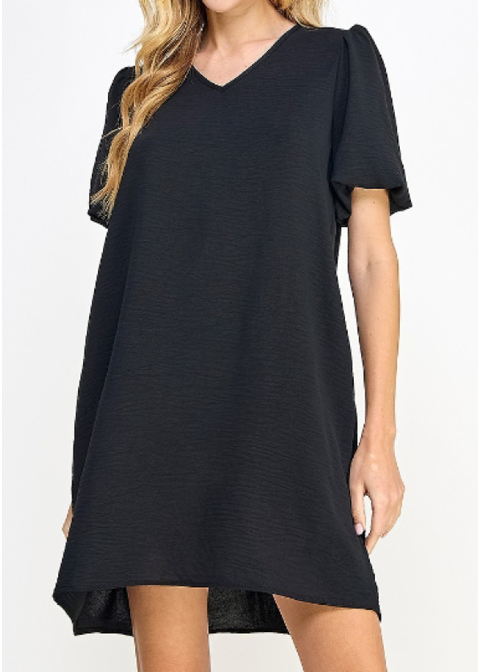 2HD3920 - SOLID SHIFT DRESS W VNECK BUBBLE SLEEVE