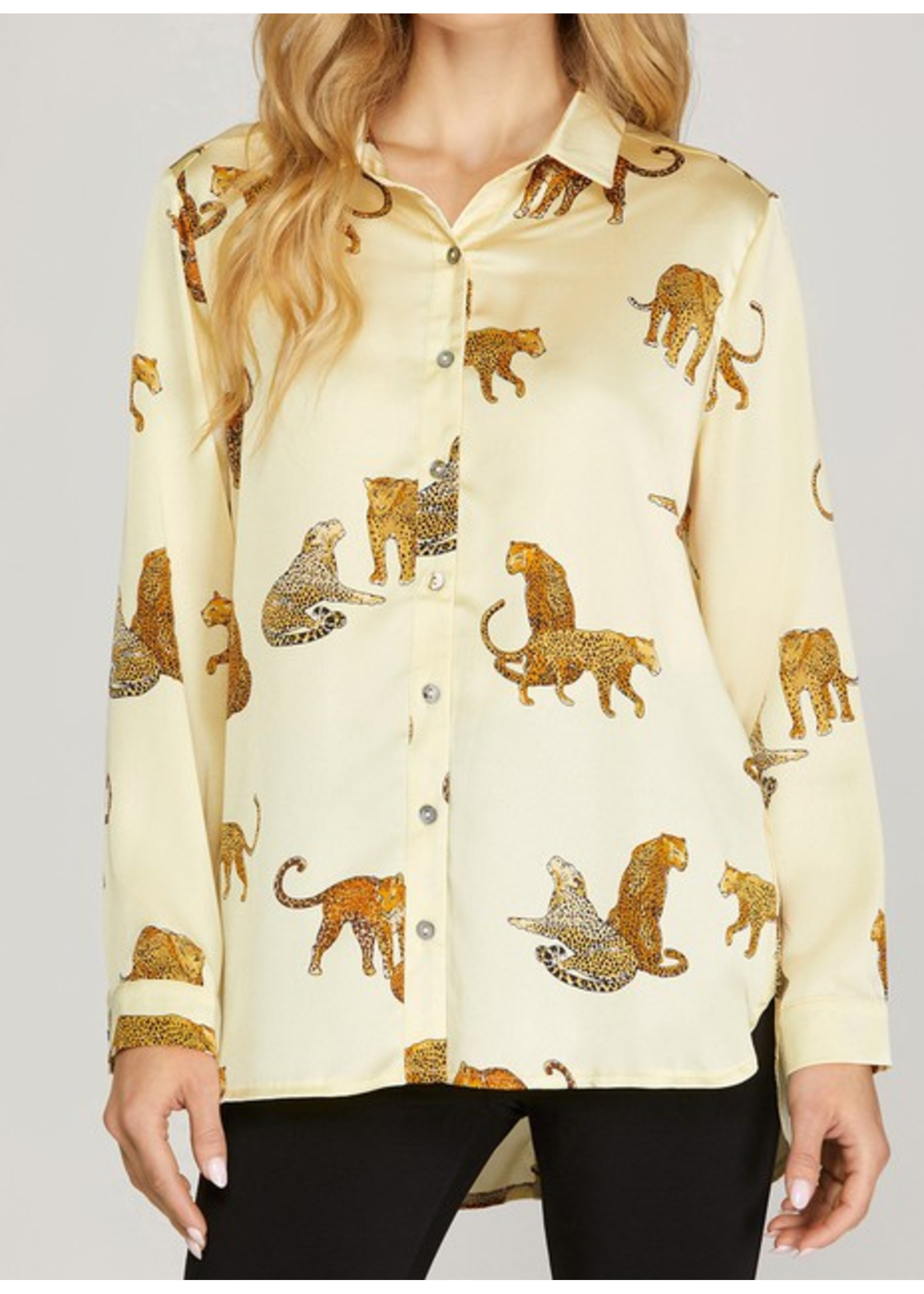 SSSY5208 - Long Sleeve Jaguar Printed Button Down Satin Shirt