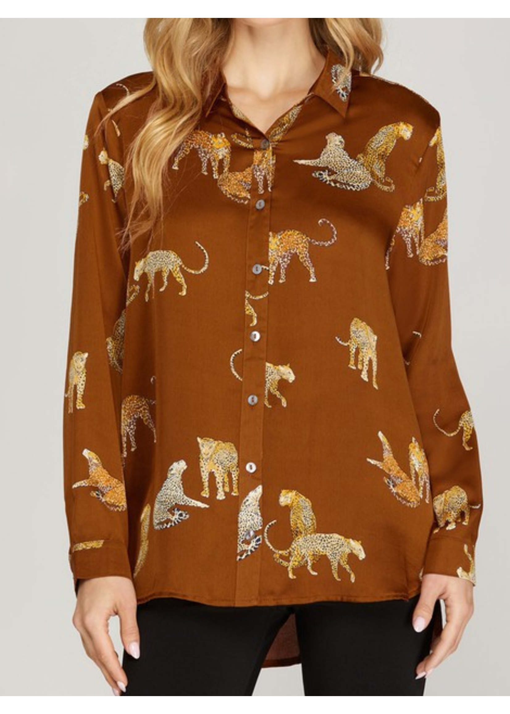 SSSY5208 - Long Sleeve Jaguar Printed Button Down Satin Shirt