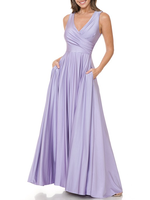 LEN5242 - Wrap Pleated Bodice w Flare Pocketed Gown