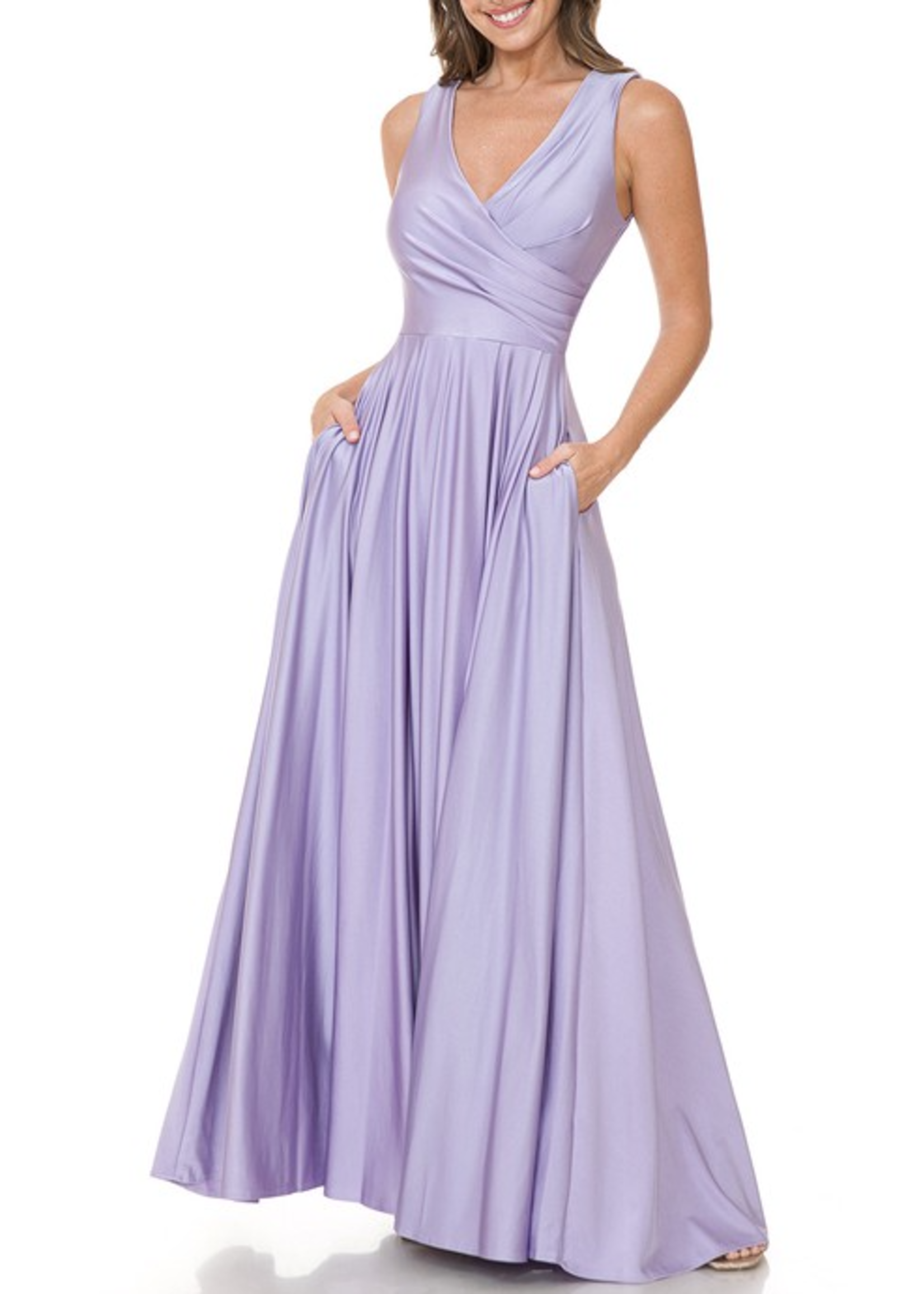 LEN5242 - Wrap Pleated Bodice w Flare Pocketed Gown