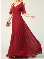 BF283345  -V Neck Long Chiffon Gown with Flutter Sleeves