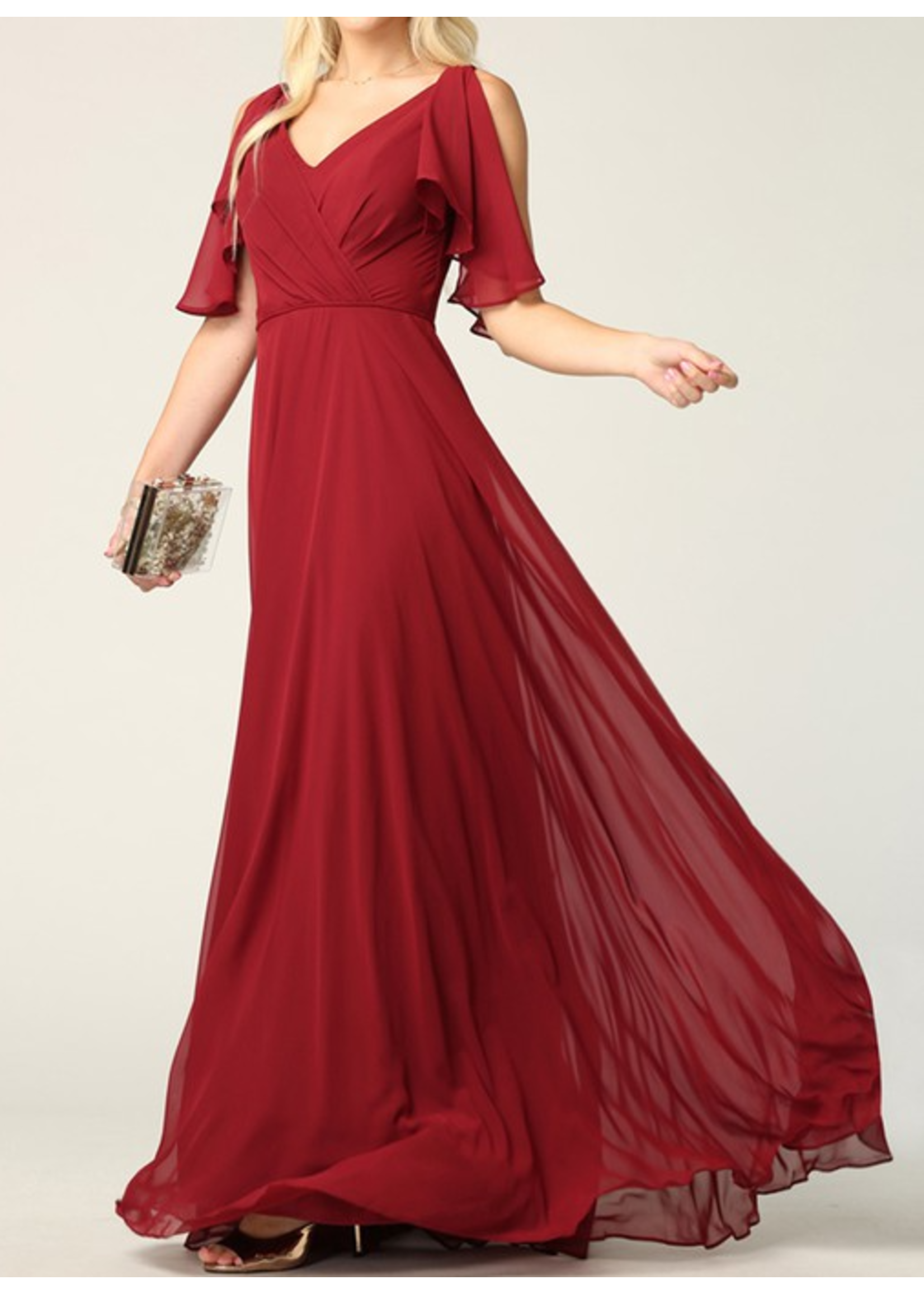 BF283345  -V Neck Long Chiffon Gown with Flutter Sleeves