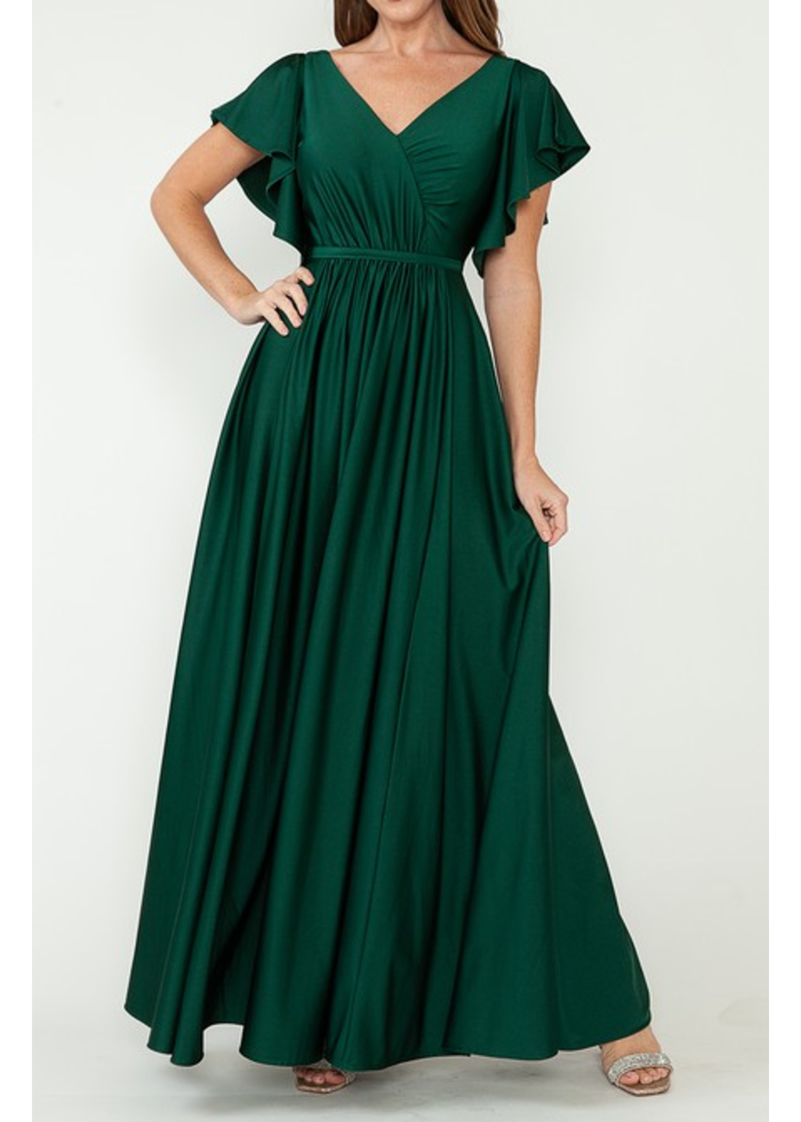 LEN5277 -  Drape Arm Wrap Style Top Tie-Around Belted Pleated Gown