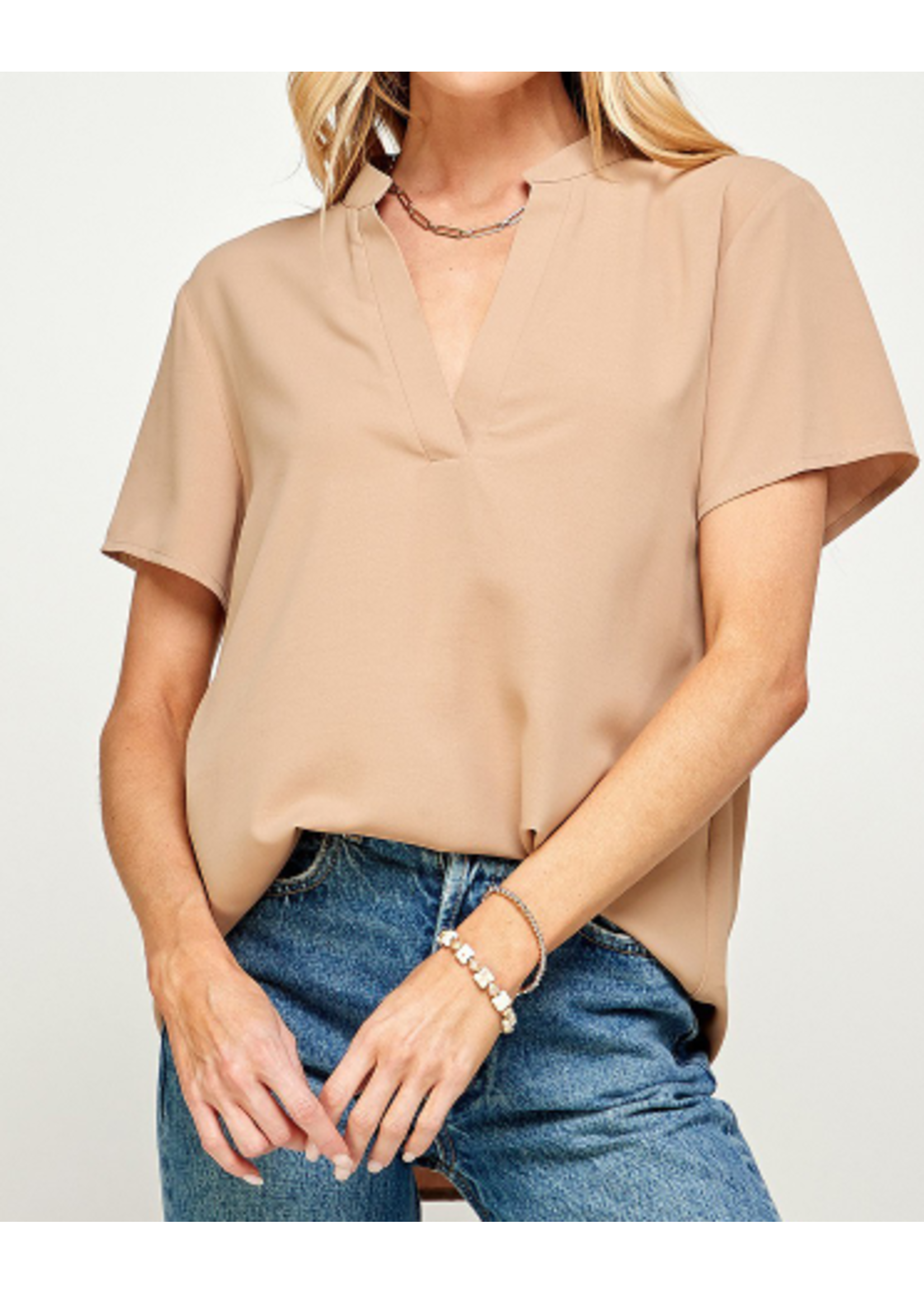 SNS24457 - V Neck Mandarin Collar Casual Top