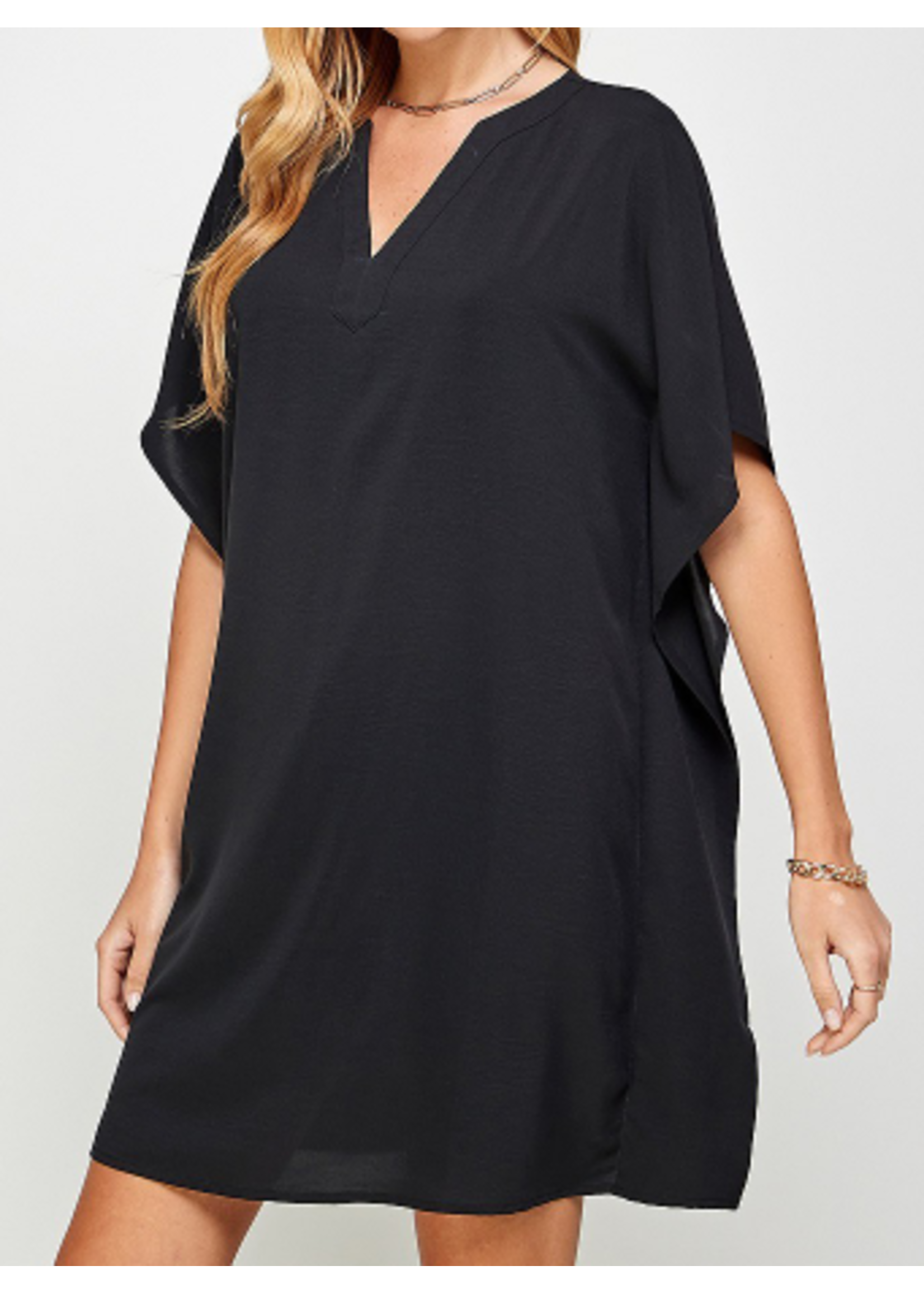 SNS24908 - SOLID CASUAL BAT WINGED SHIFT DRESS