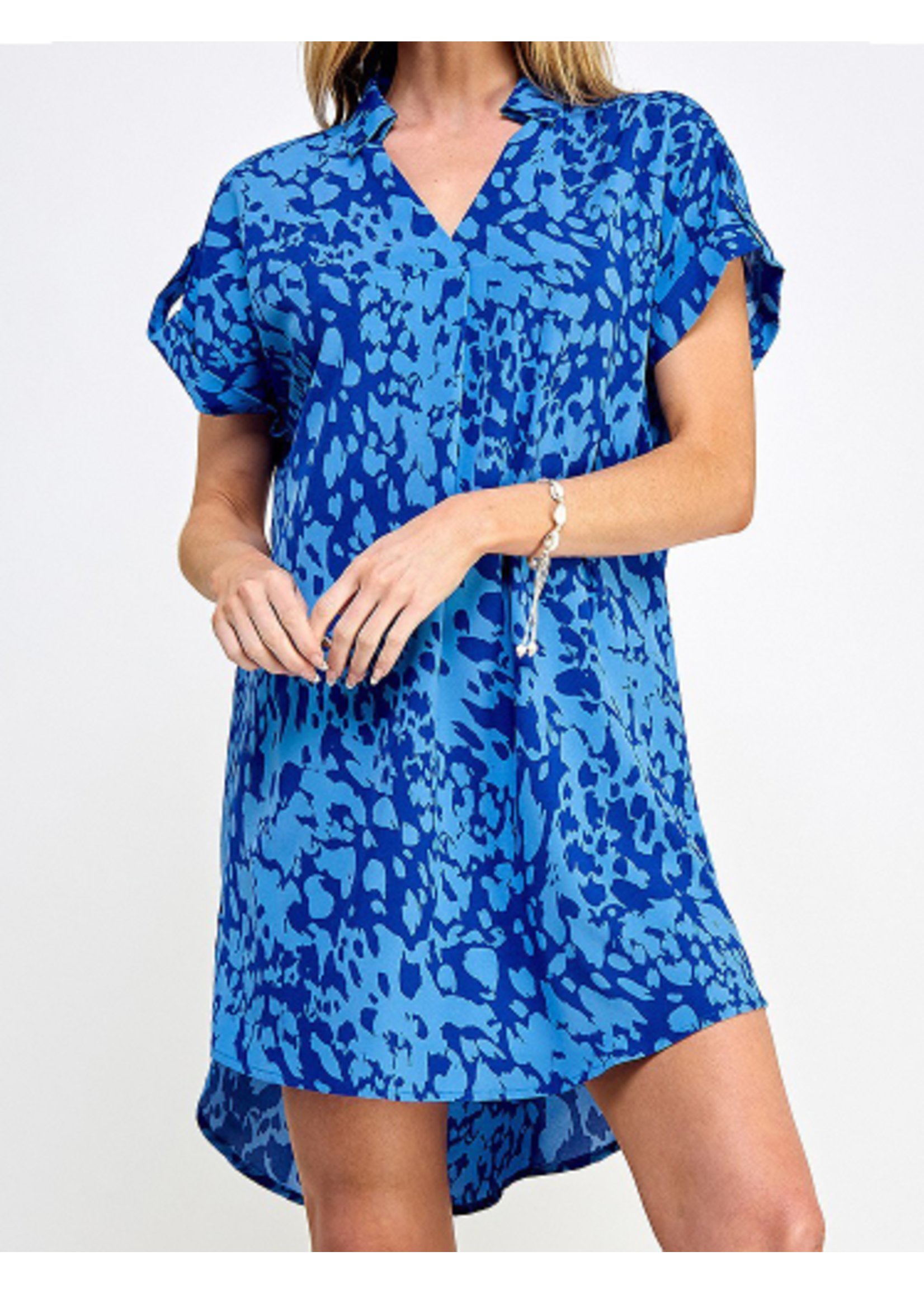 SNS25613 - V-Neck Collared Printed Shirt Dress