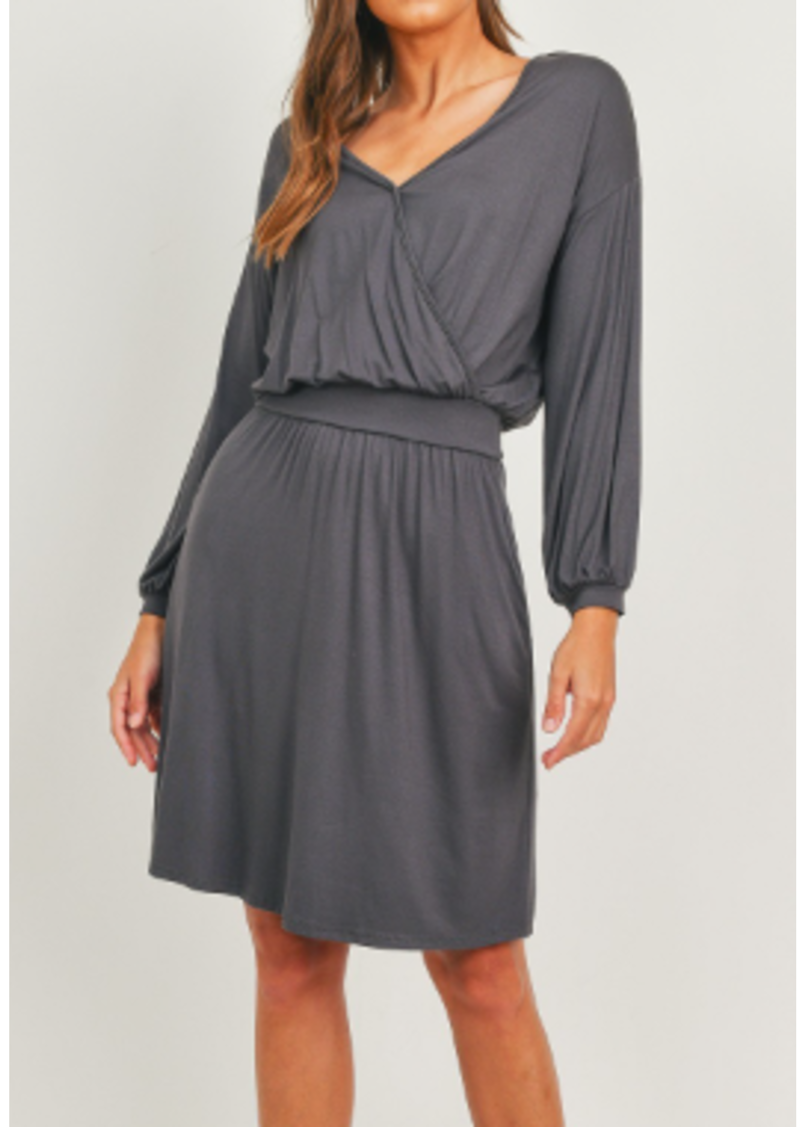 CHD7242 - Balloon Sleeves Overlap Front Knit Jersey Shift Dress