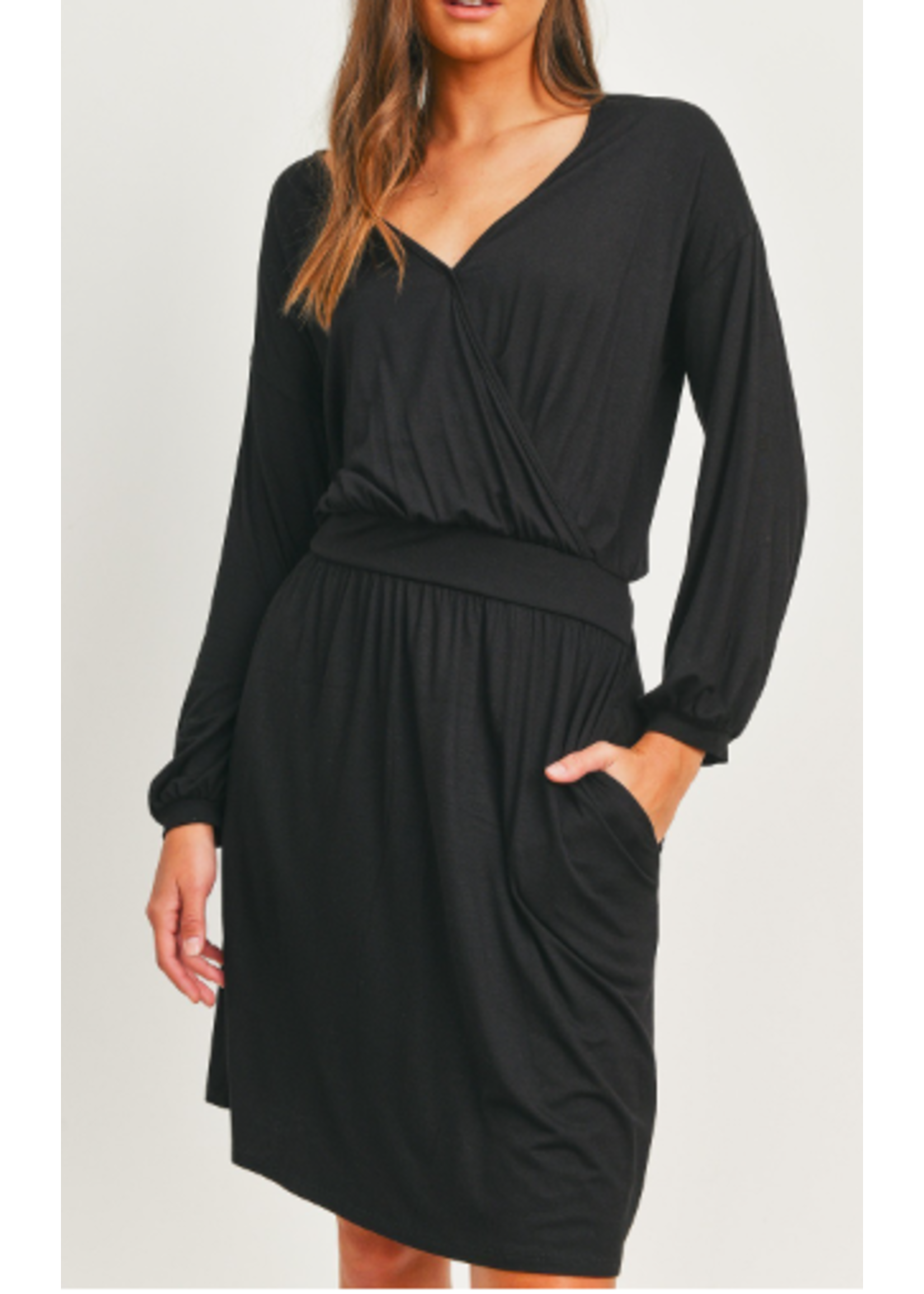 CHD7242 - Balloon Sleeves Overlap Front Knit Jersey Shift Dress