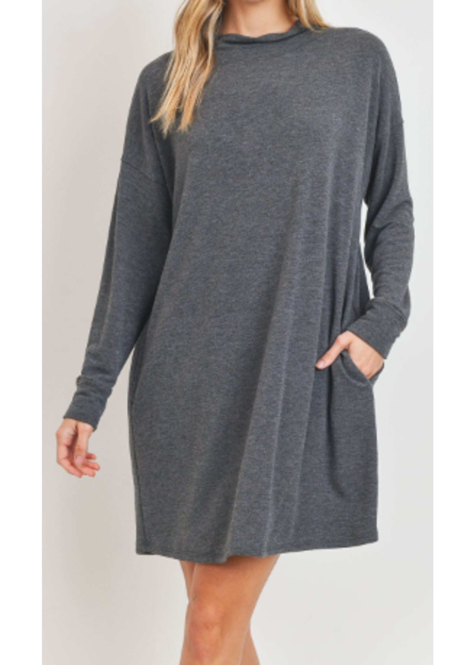 CHD7270 - Drape Mock Neck French Terry Pocket Shift Dress