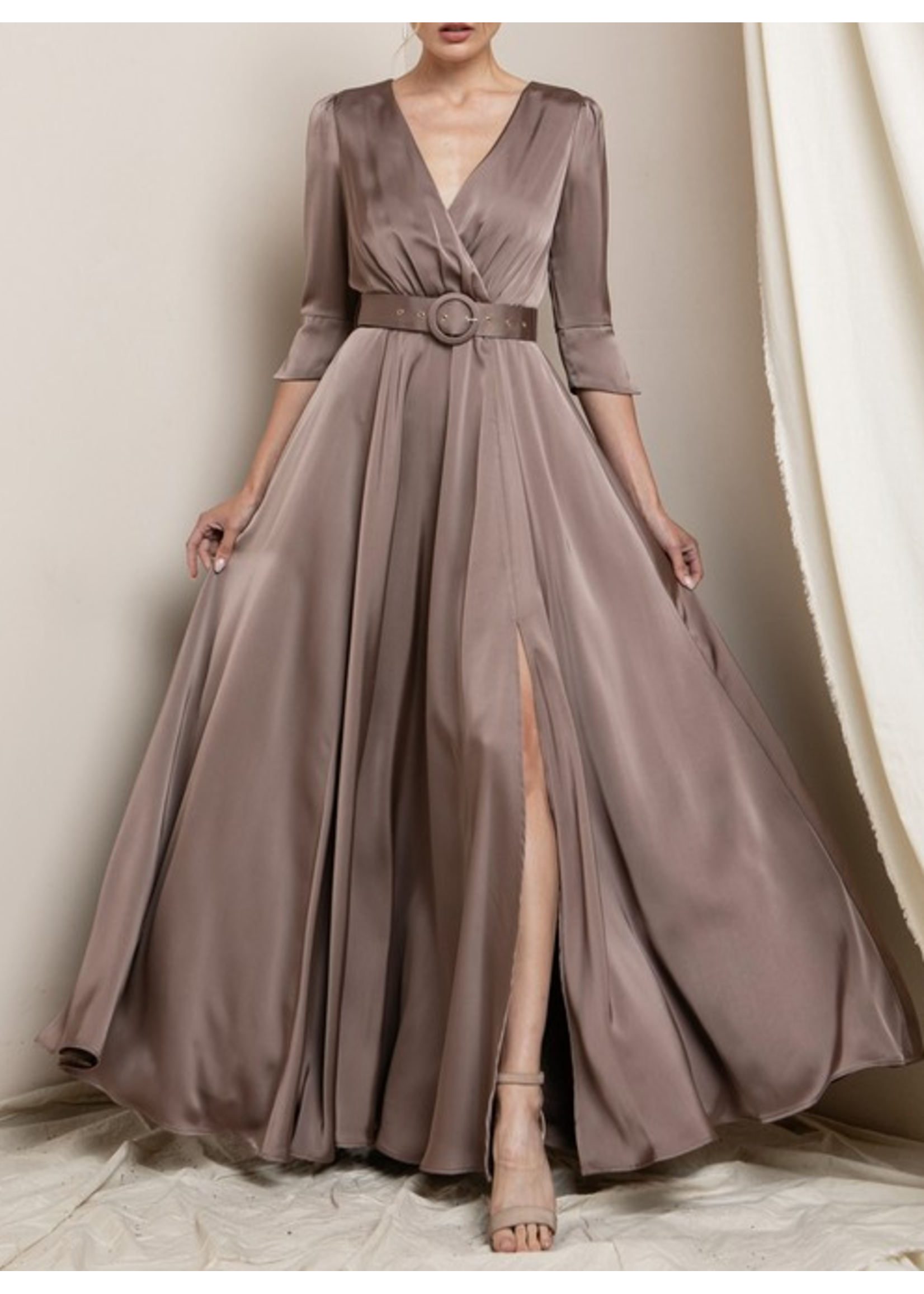 SBM21221 - LONG SLEEVE SATIN EVENING GOWN W DETACHABLE BELT