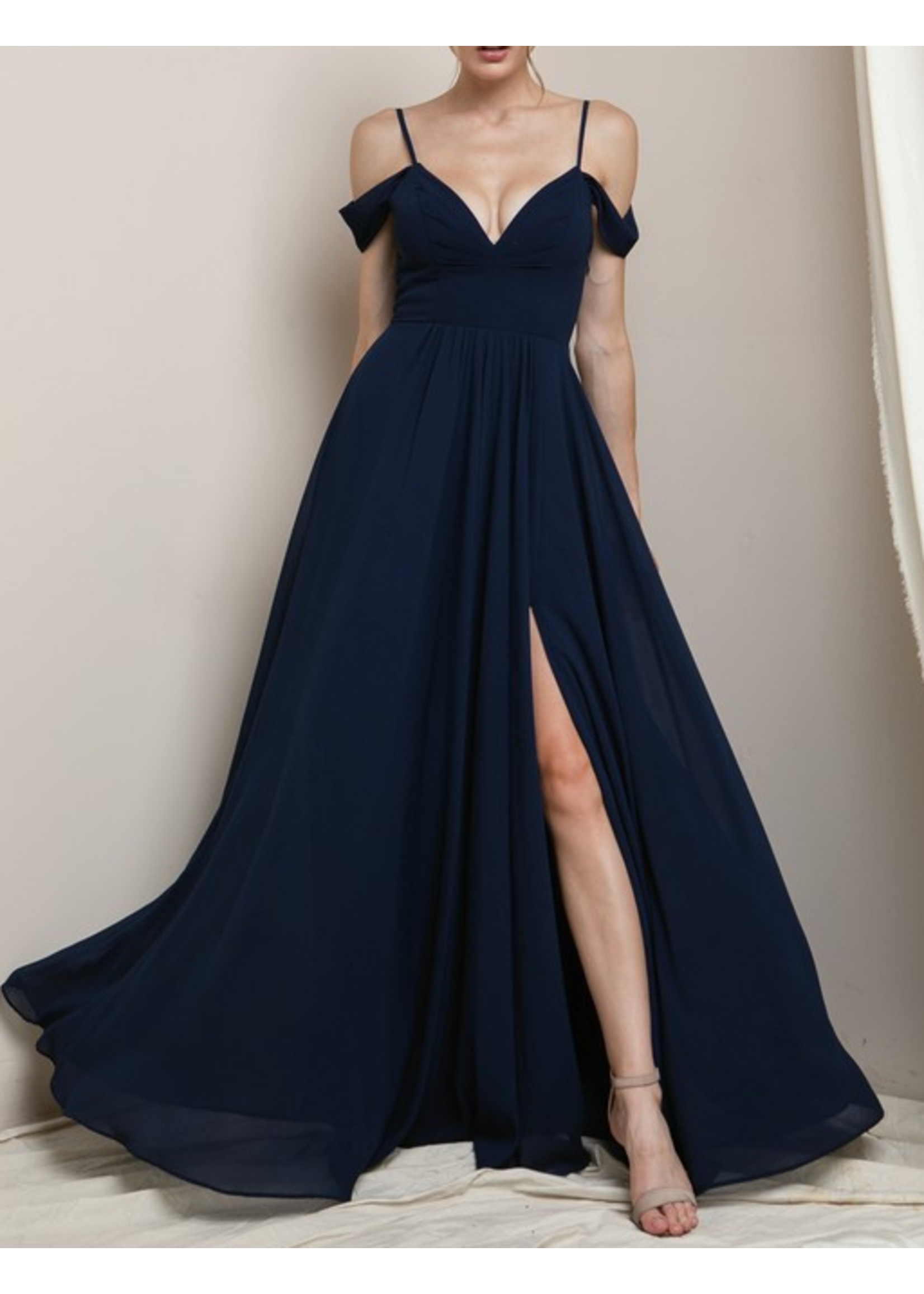 SBM192300 -  OFF SHOULDER DRAPED SLEEVED GOWN WITH LACE BACK DETAIL