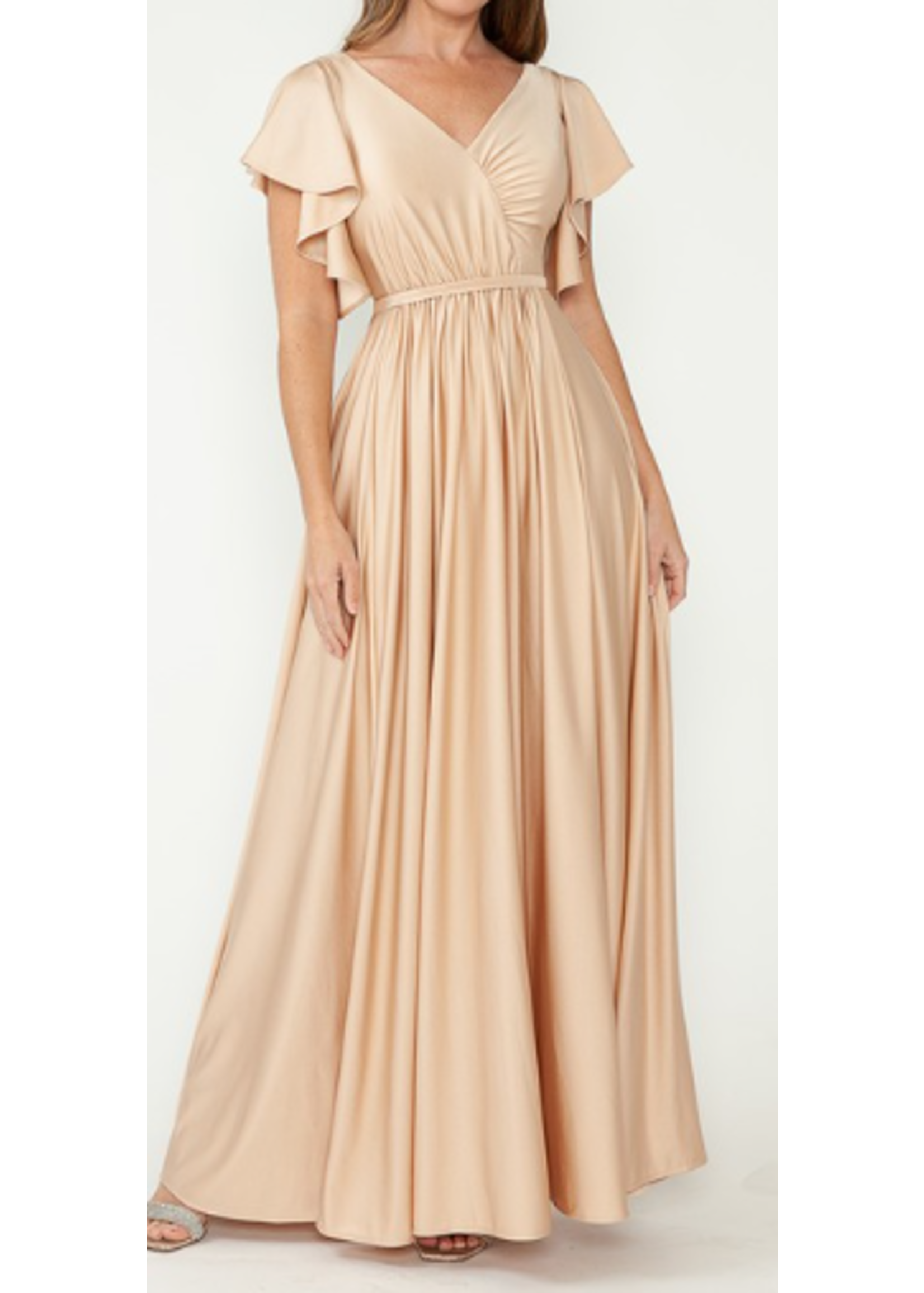 LEN5277 -  Drape Arm Wrap Style Top Tie-Around Belted Pleated Gown