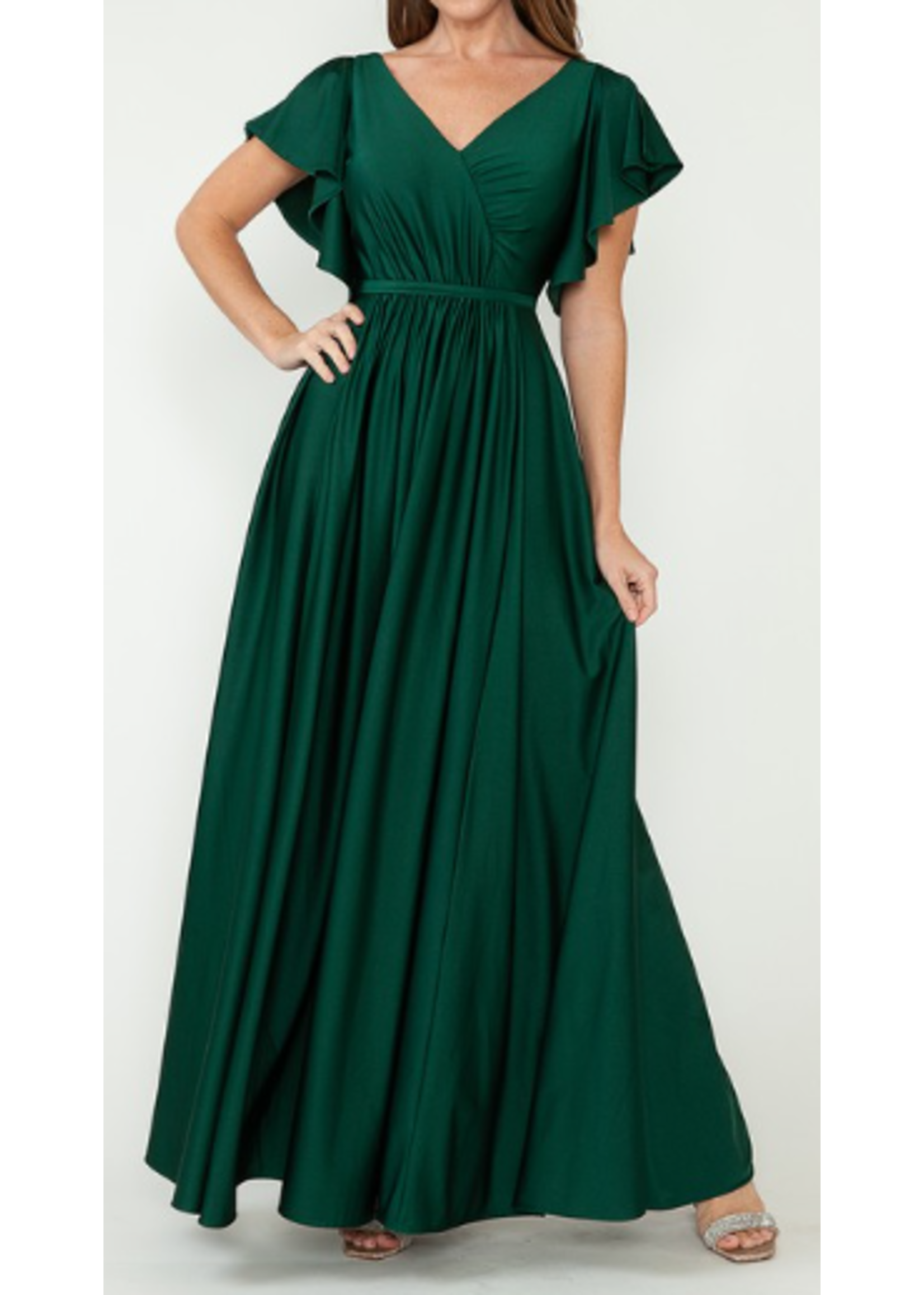 LEN5277 -  Drape Arm Wrap Style Top Tie-Around Belted Pleated Gown