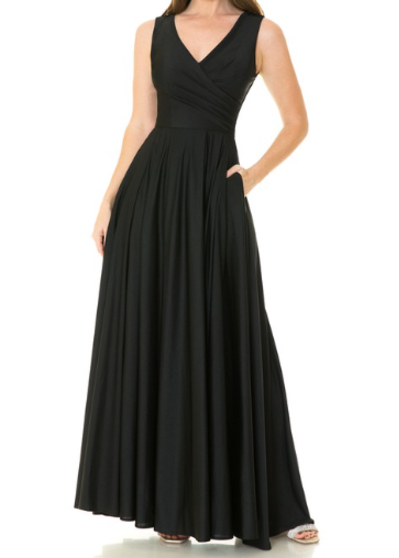 LEN5242 - Wrap Pleated Bodice w Flare Pocketed Gown