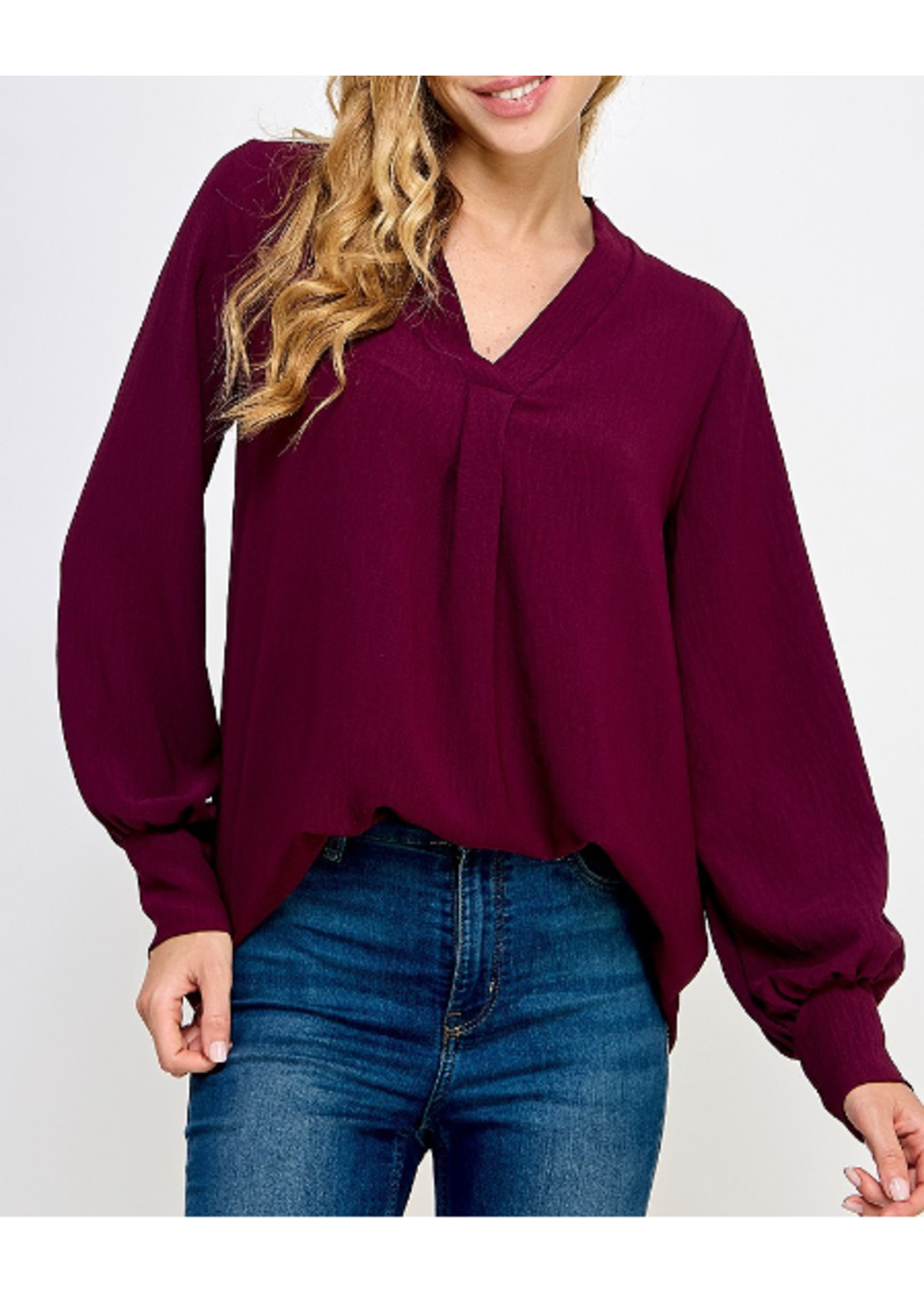 2DT3891 - SOLIVE VNECK BLOUSE W CUFFED LONG SLEEVE CROSSOVER NECKLINE