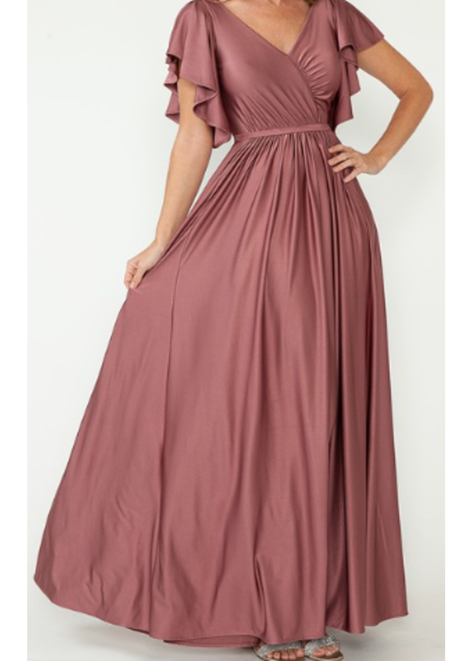 LEN5277 -  Drape Arm Wrap Style Top Tie-Around Belted Pleated Gown