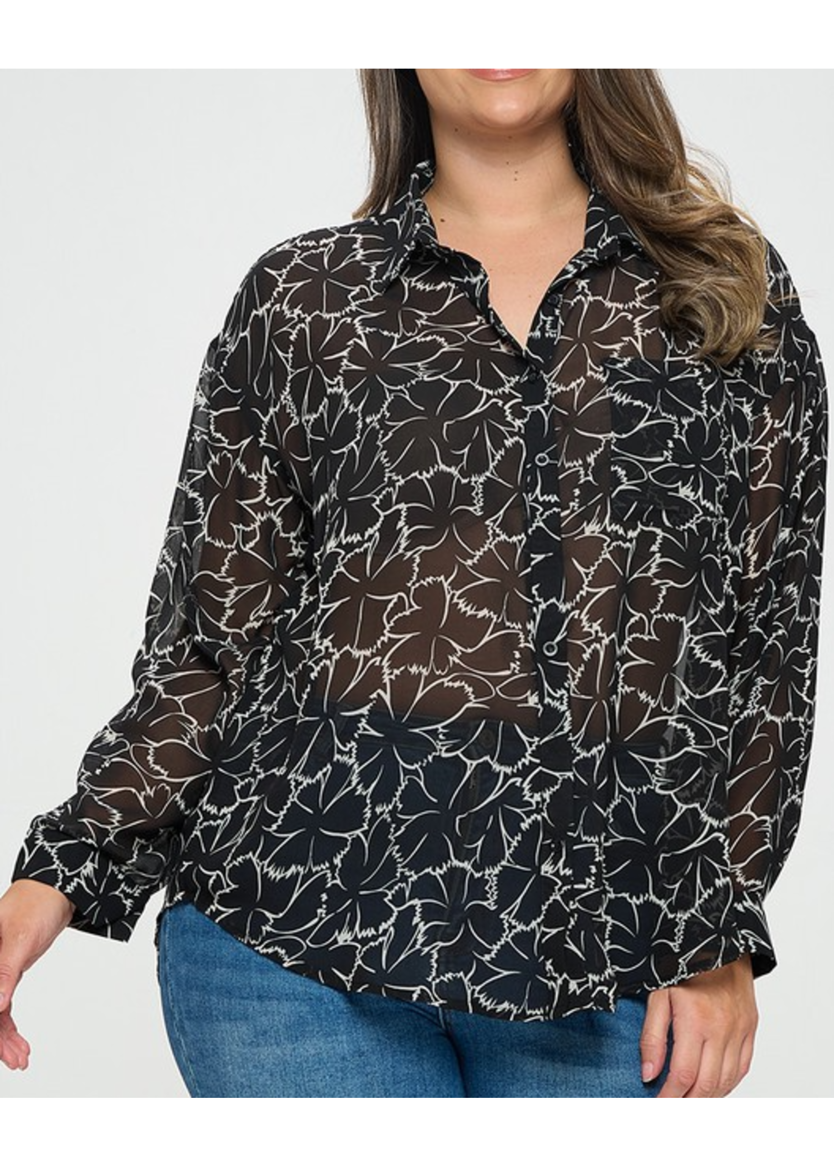 TPIT5363 - PLUS PRINT RELAXED FIT SHEER BLOUSE