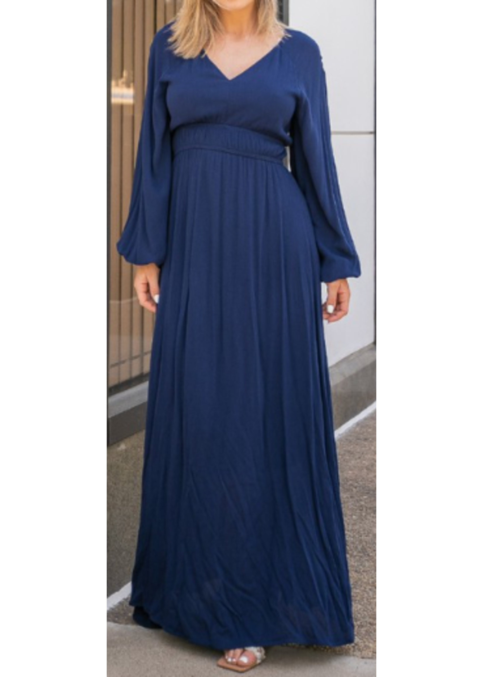 RKRL602481 - SOLID LONG SLEEVE DOUBLE ELASTIC WAIST GOWN