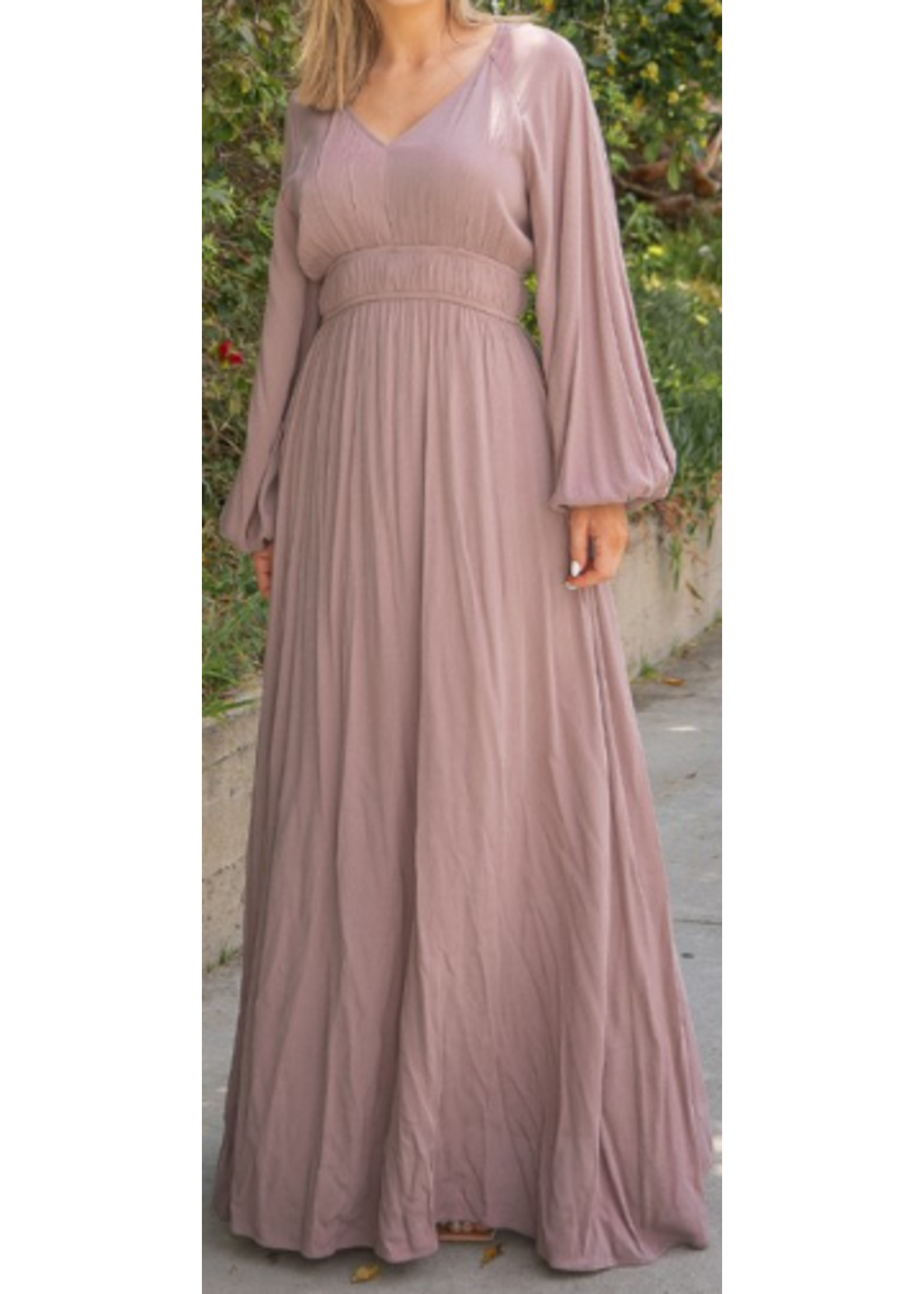 RKRL602481 - SOLID LONG SLEEVE DOUBLE ELASTIC WAIST GOWN