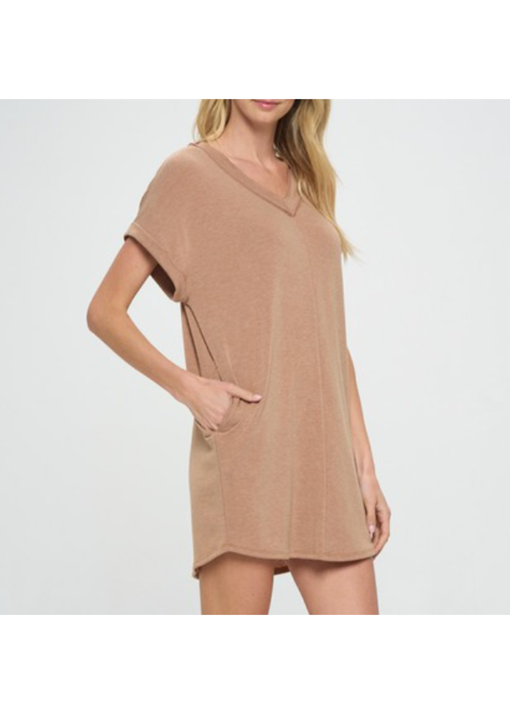 CHD7577 - SHORT SLEEVE VNECK FRENCH TERRY KNIT DRESS