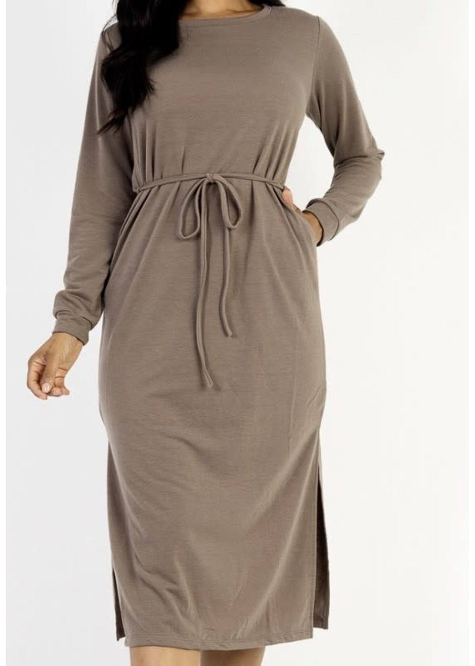 CPBD3750 - FRENCH TERRYLONG SLEEVE TIE FRONT MIDI DRESS