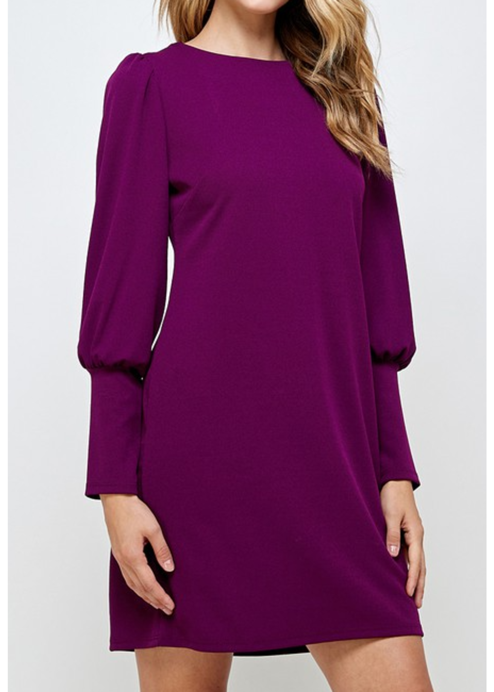 2HD3153 - SOLID PUFF LONG SLEEVE DRESS