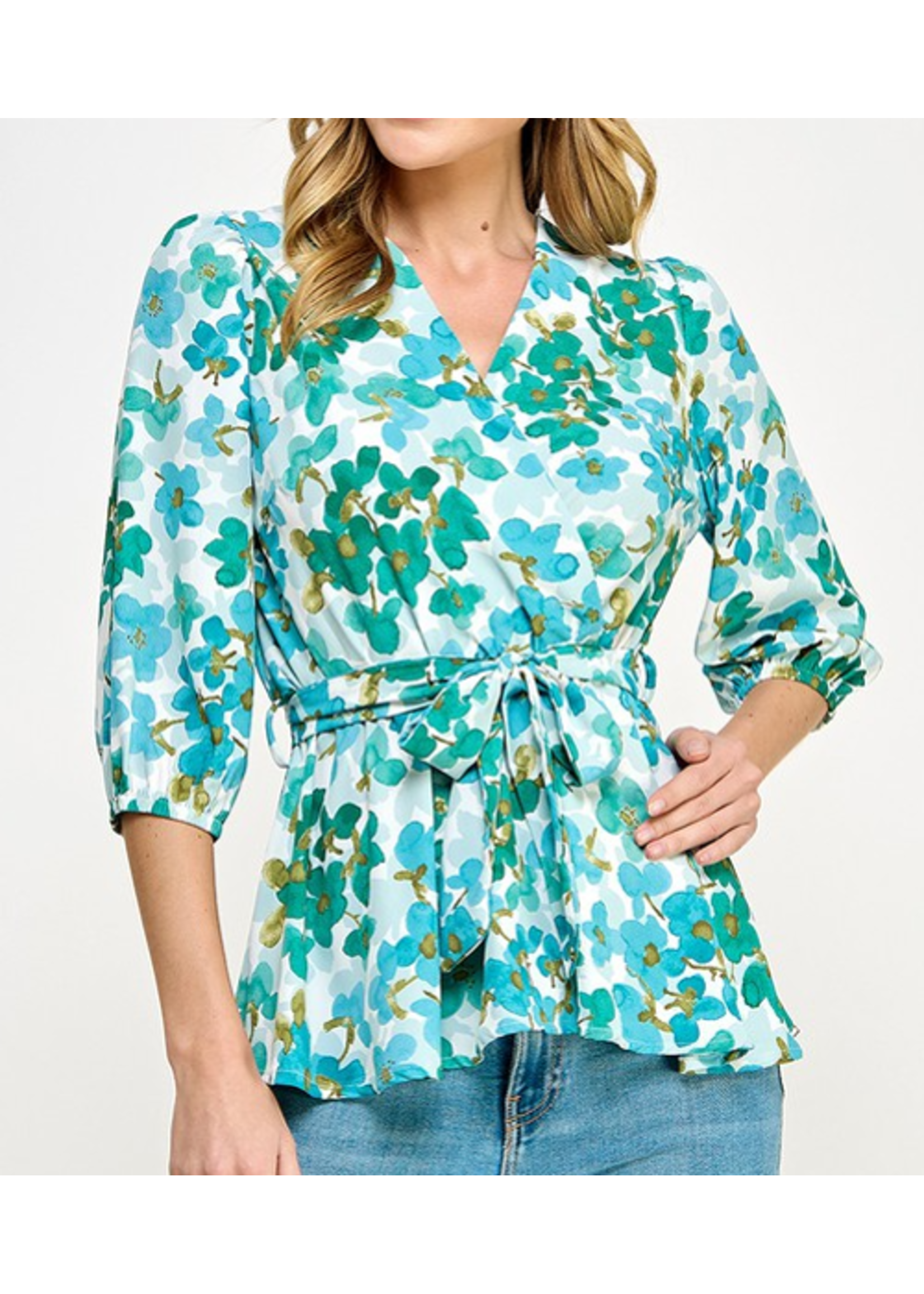 2HT3889 - WOVEN FLORAL FRINT FAUX WRAP BLOUSE