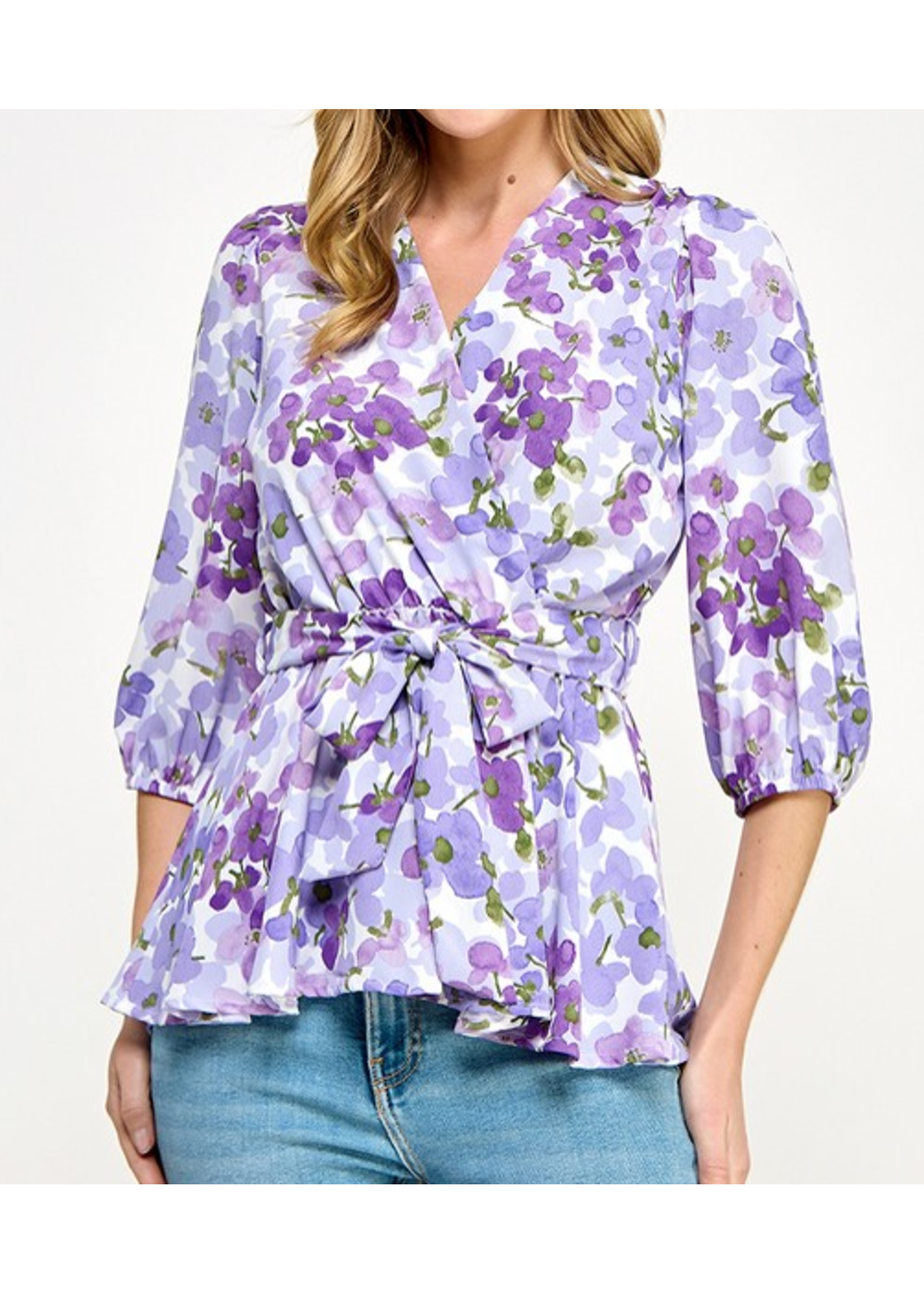 2HT3889 - WOVEN FLORAL FRINT FAUX WRAP BLOUSE