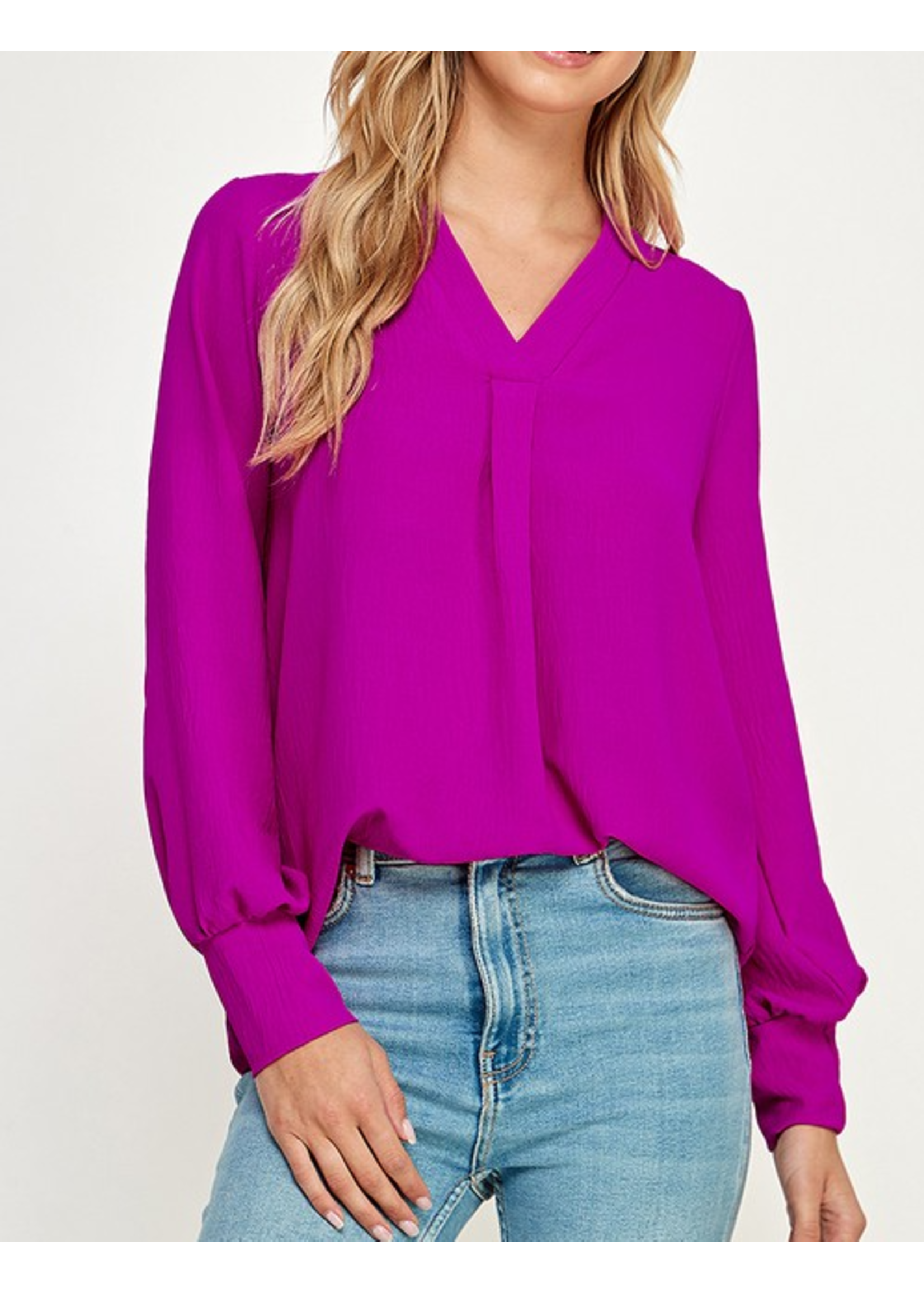 2HT3891 - SOLID CUFFED VNECK LONG SLEEVED BLOUSE