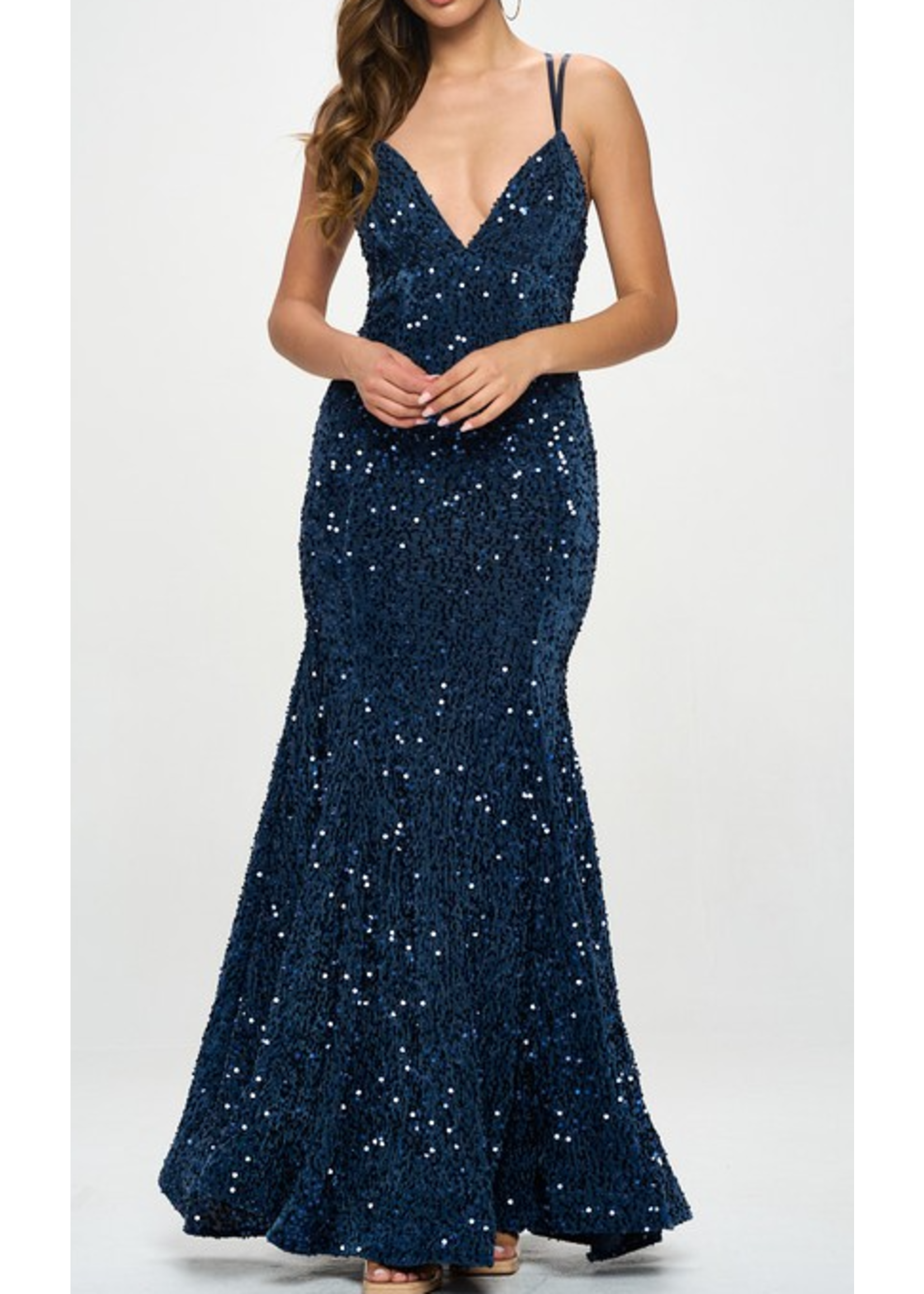 RR9305P4 - VELVET SEQUINNED FIT & FLARE GOWN