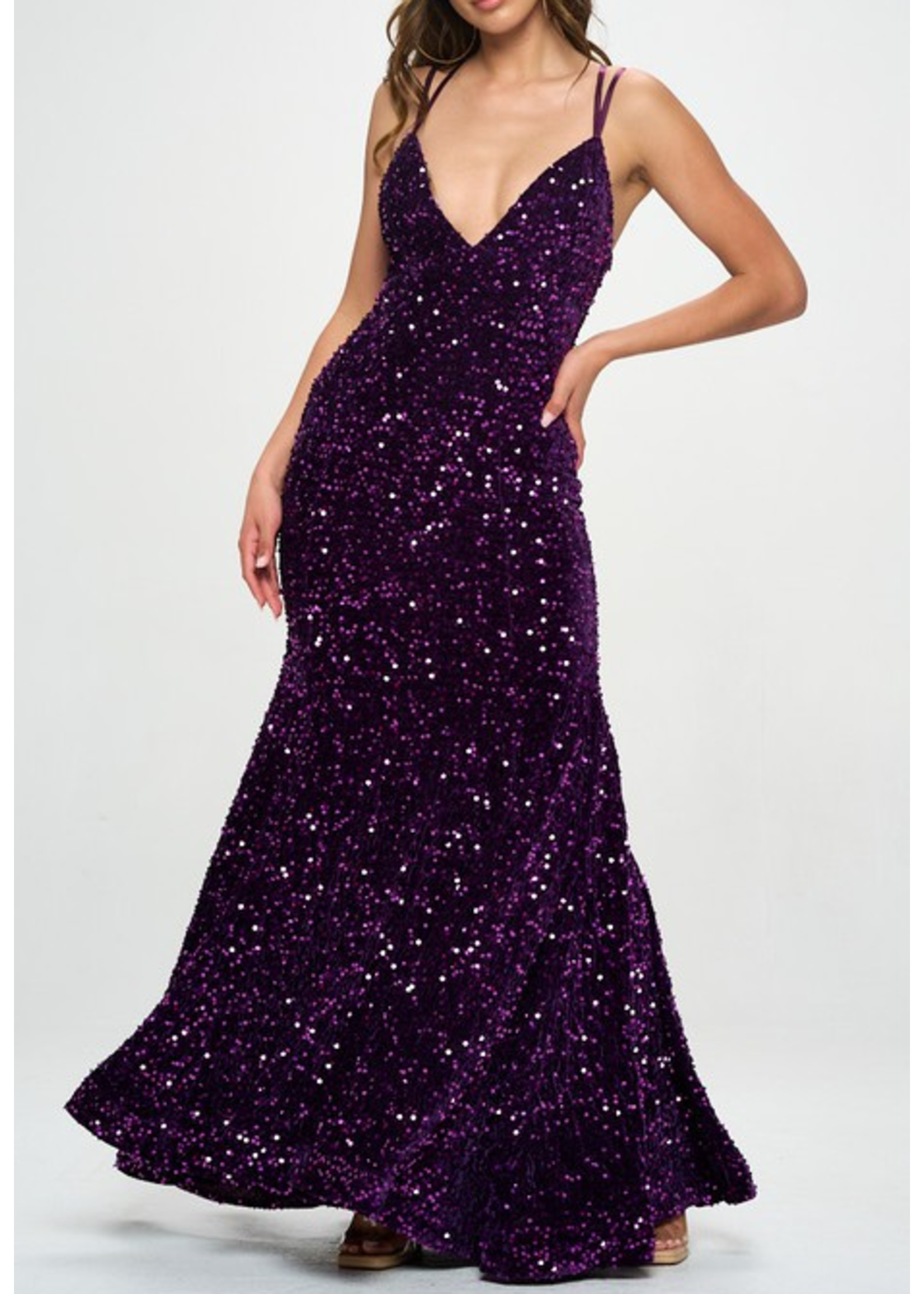 RR9305P4 - VELVET SEQUINNED FIT & FLARE GOWN