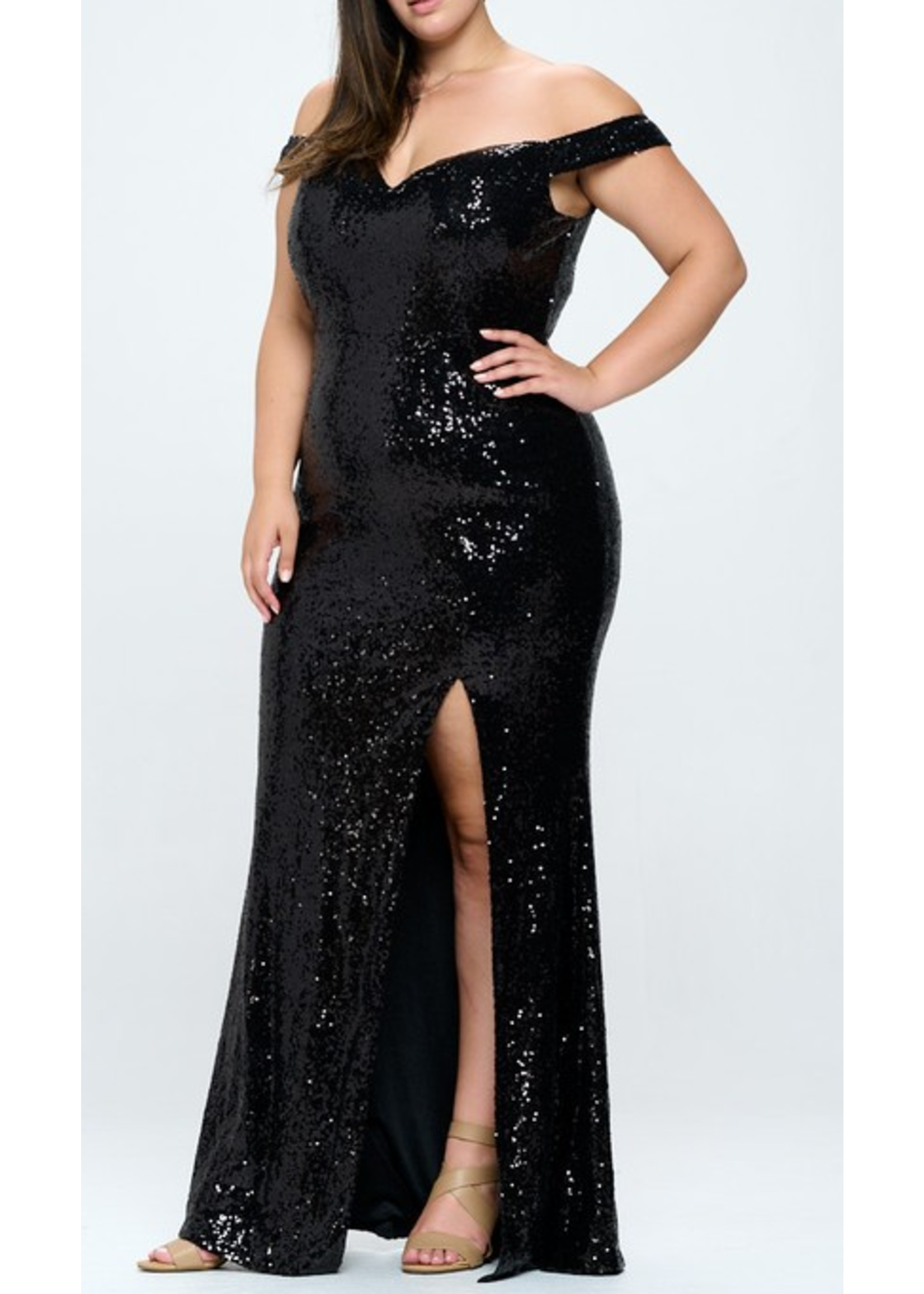 RRP1013 - PLUS OFF SHOULDER MERMAID SEQUINNED EVENING GOWN