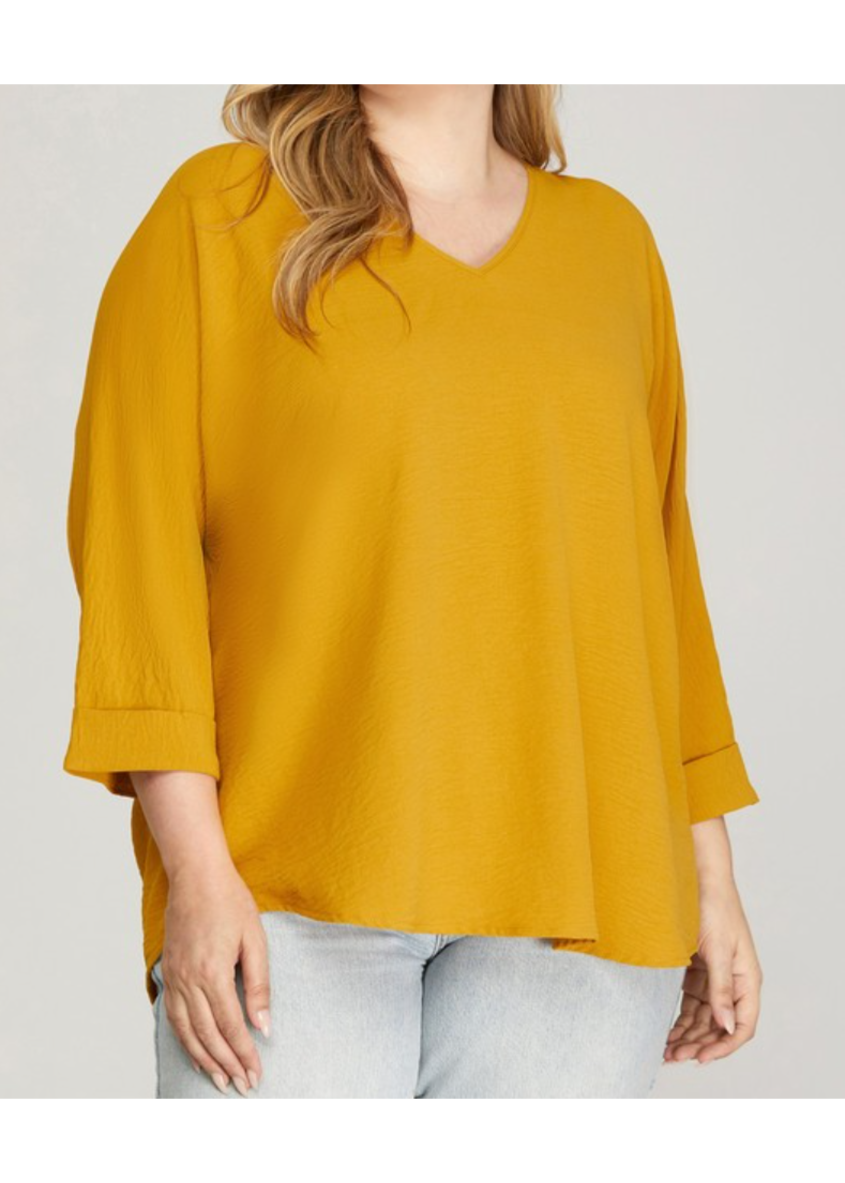 SSPSY2616 - PLUS 3/4 SLEEVE VNECK WOVEN BLOUSE